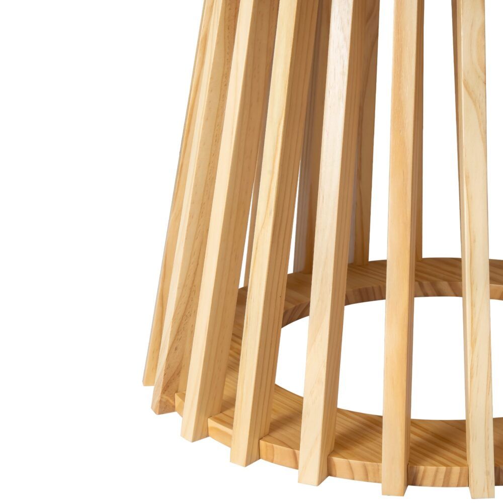 Natural wood coffee table with slatted pedestal legs and underside view