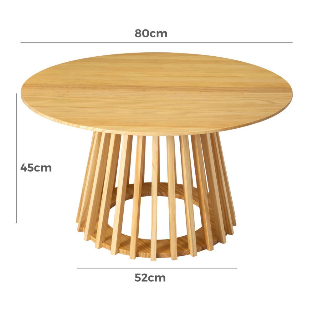 Natural wood round coffee table with slatted pedestal base, diagram view