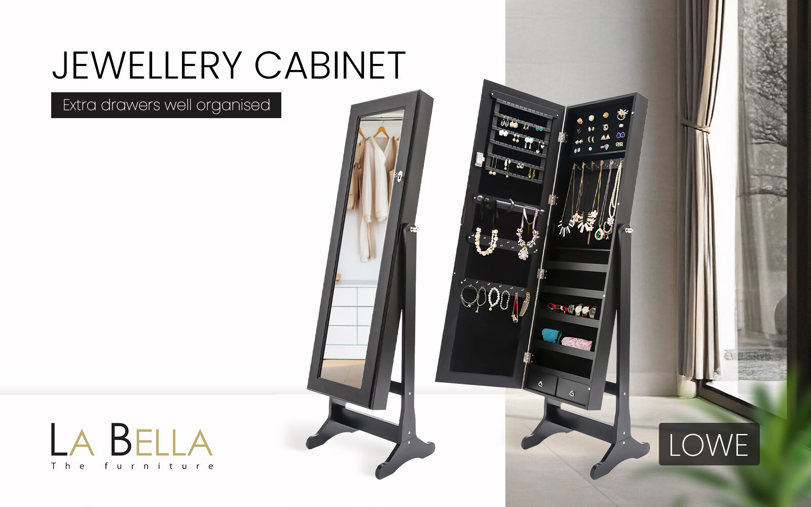 Mirror Jewellery Cabinet Organiser 2 Drawers LOWE 146cm BLACK