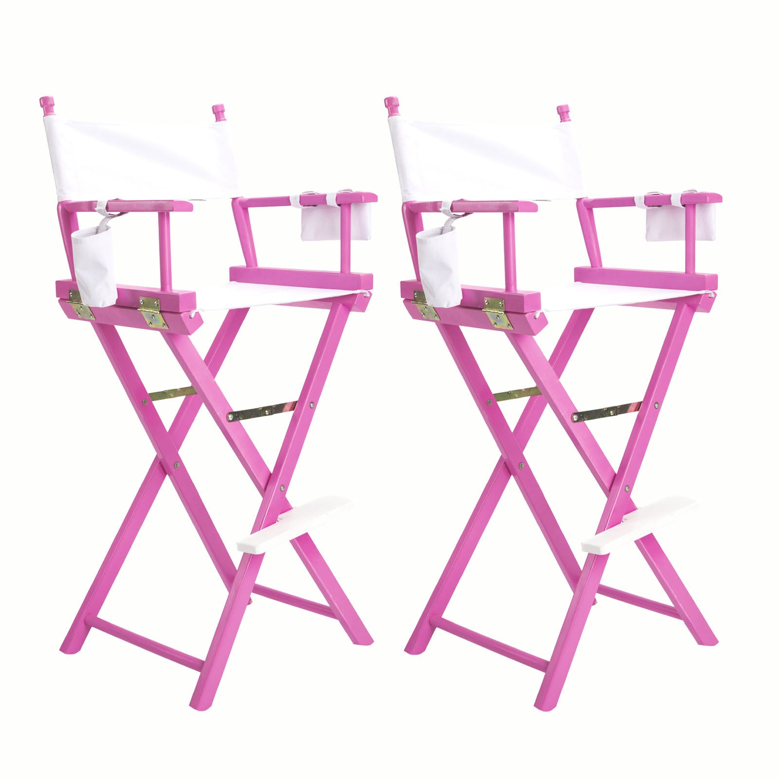 Pink folding tall director chair with white seat, armrests, and gold latch details