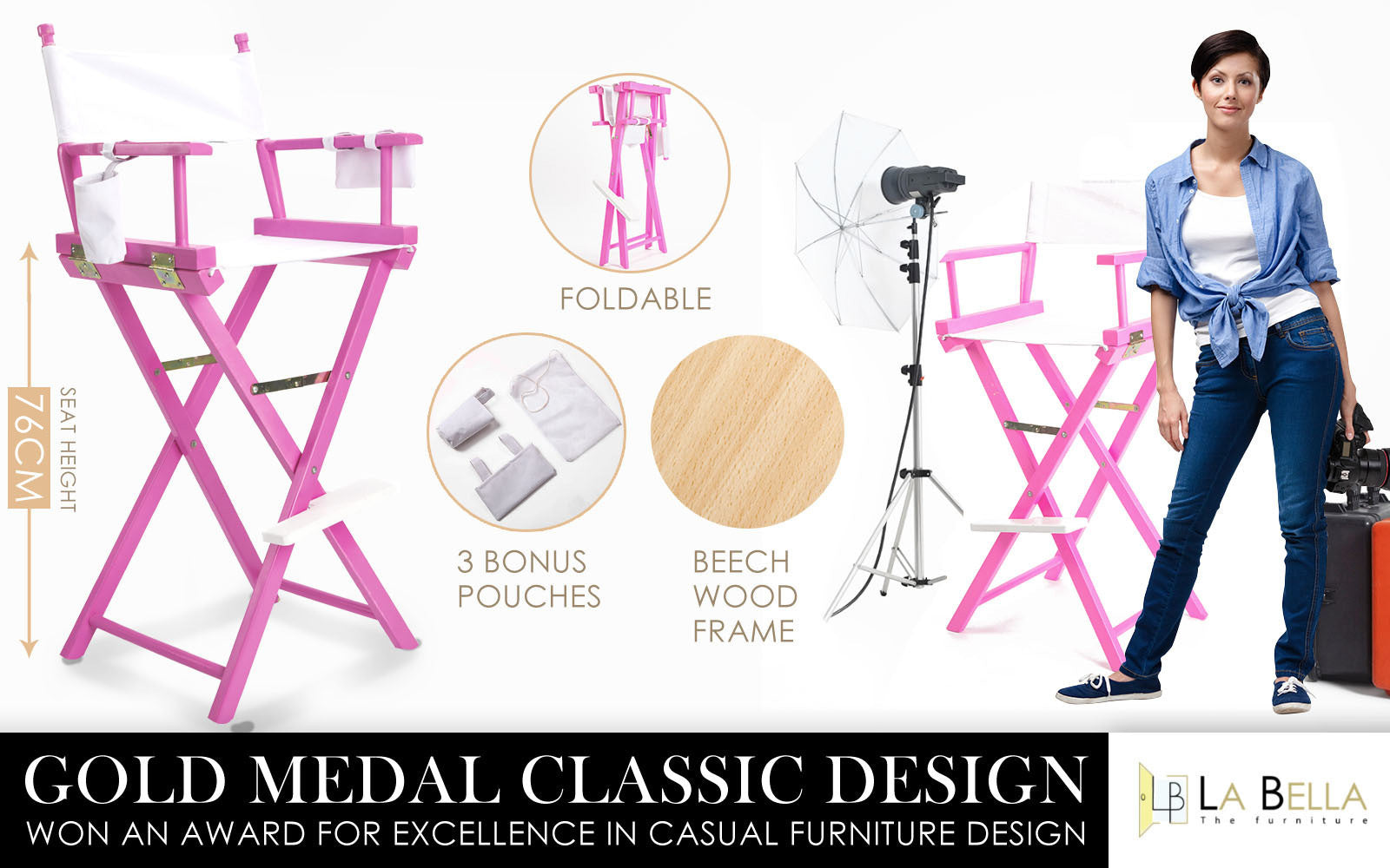 Pink foldable director chair with beech wood frame and 3 bonus storage pouches.