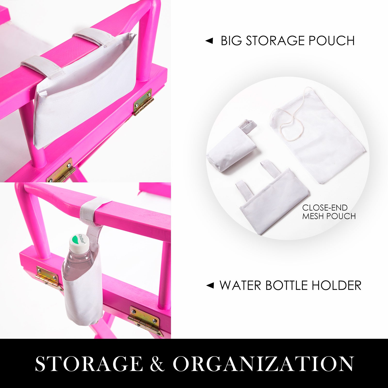 Pink folding tall director chair showing white storage pouch and water bottle holder