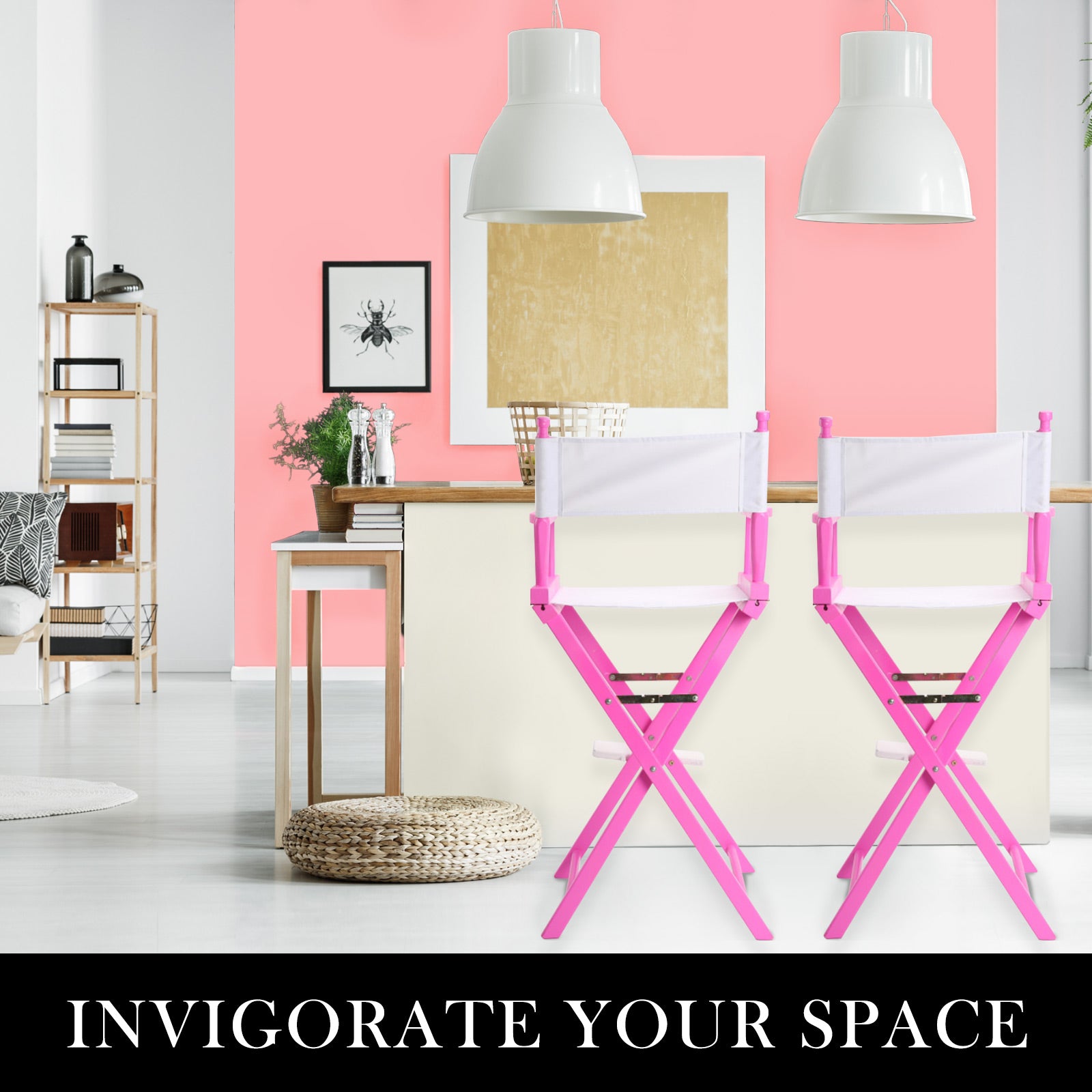 Pink folding tall director chair set with white seats and cross-brace frame