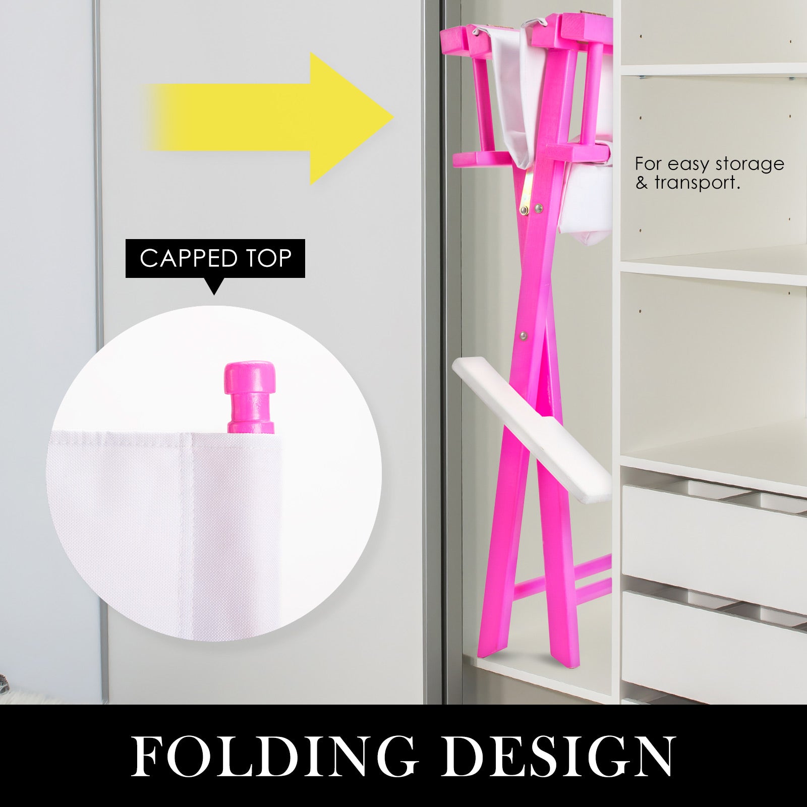Pink folding tall director chair with capped top, designed for easy storage and transport