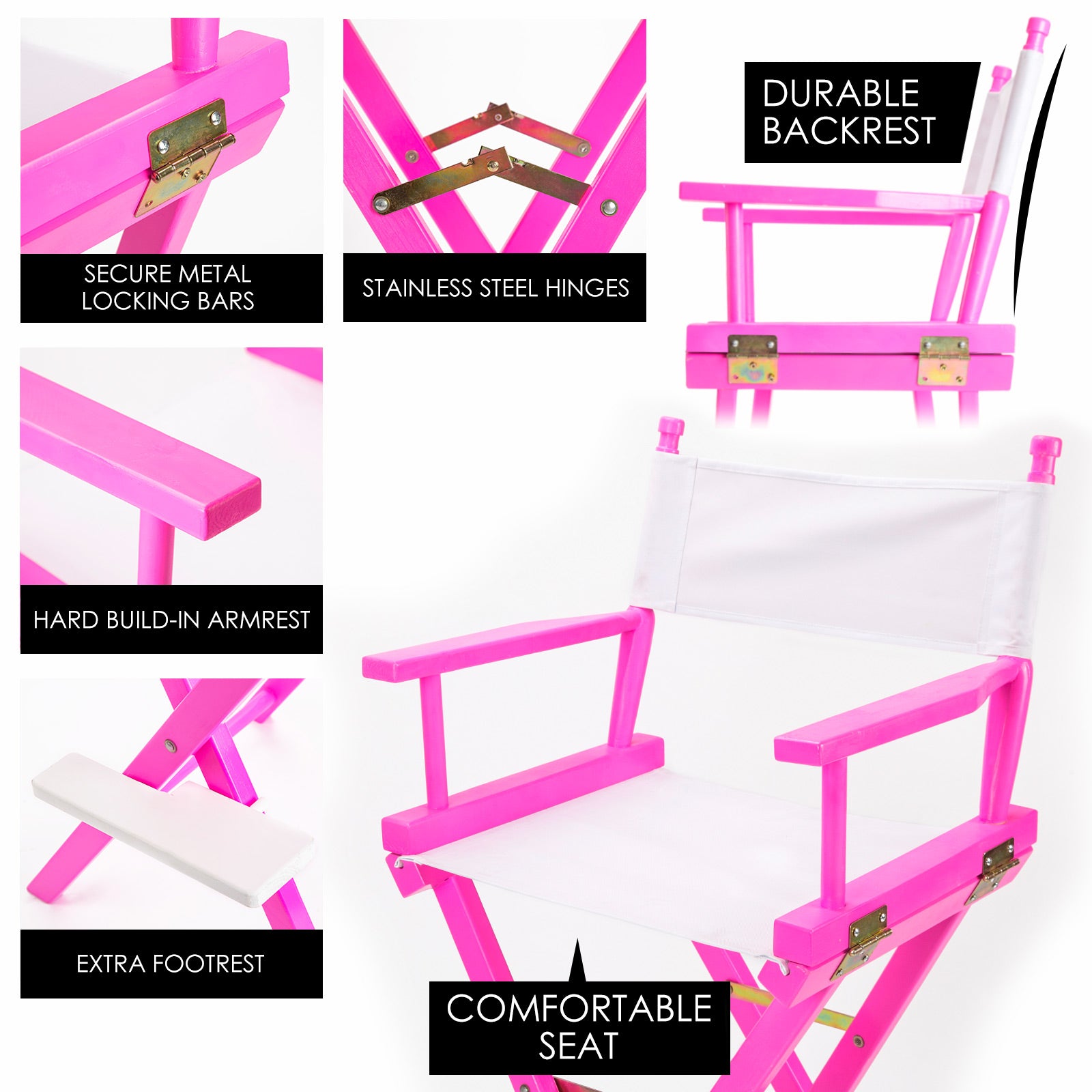 Pink folding tall director chair with white seat, showing metal locks and stainless hinges