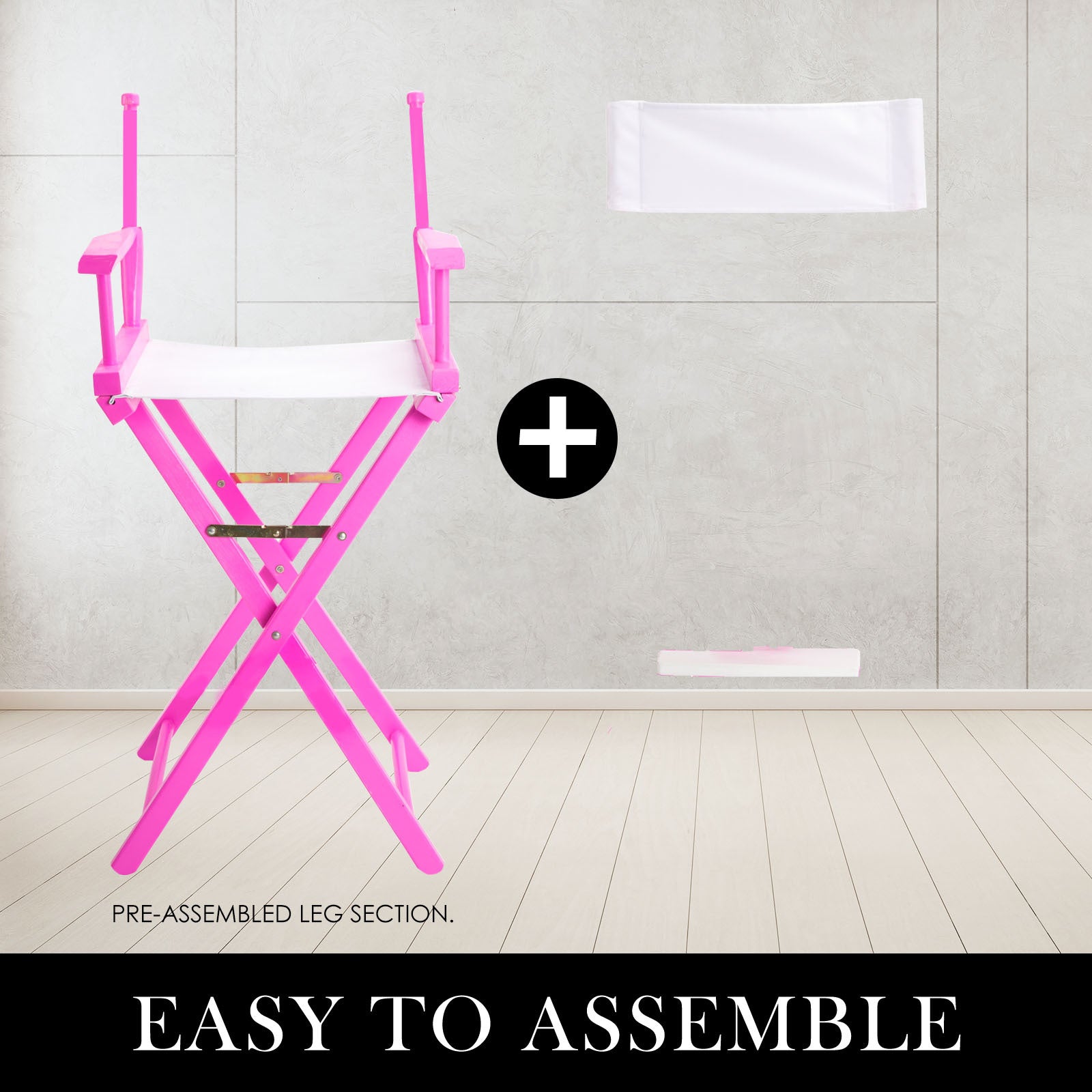 Pink folding tall director chair with white seat against a wall, showing assembly concept