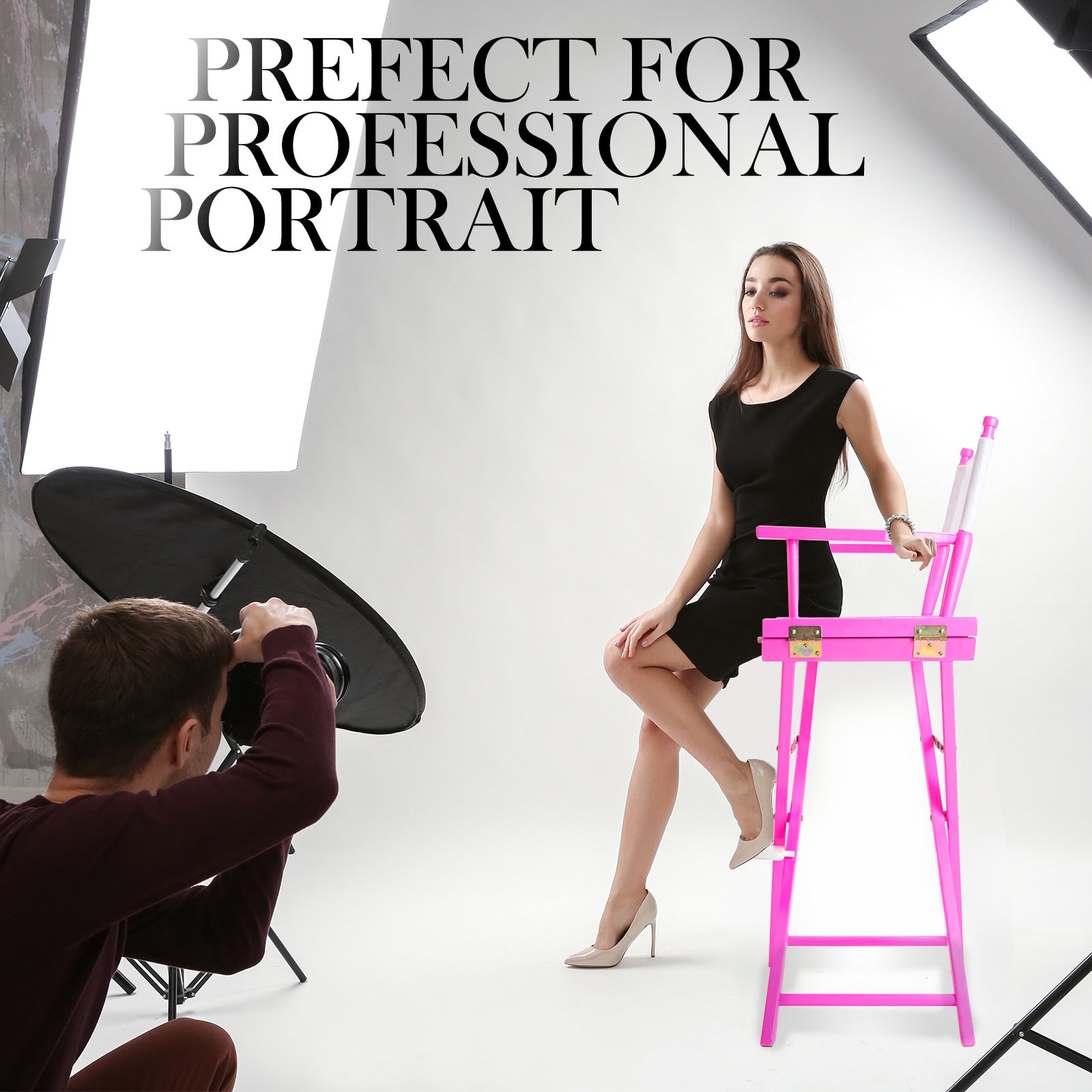 Pink folding tall director chair with white seat, used for portrait photos