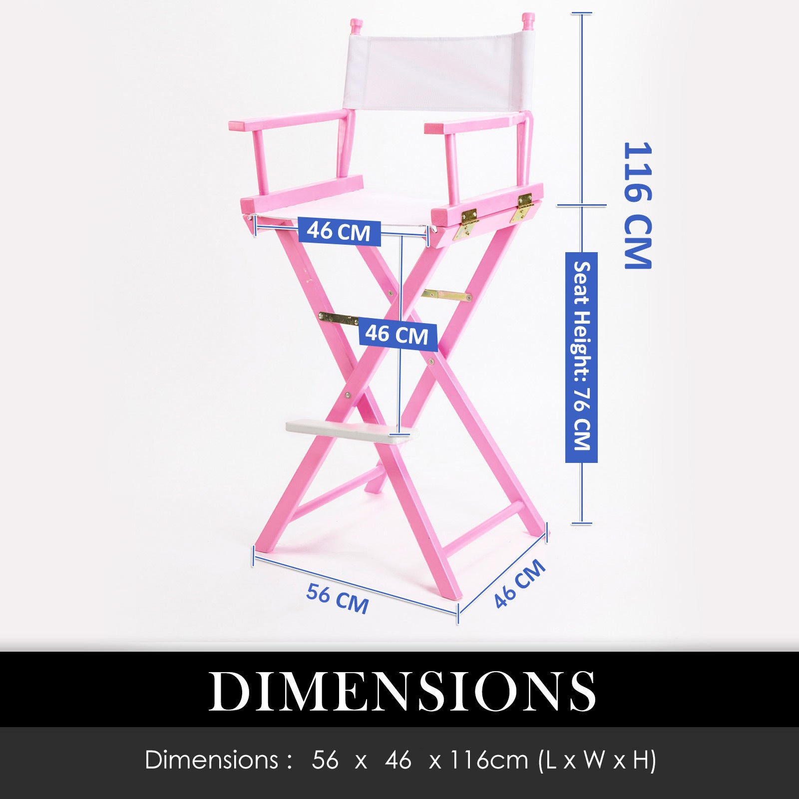 Pink folding director chair, X-frame legs, 76cm height, includes carry handle.