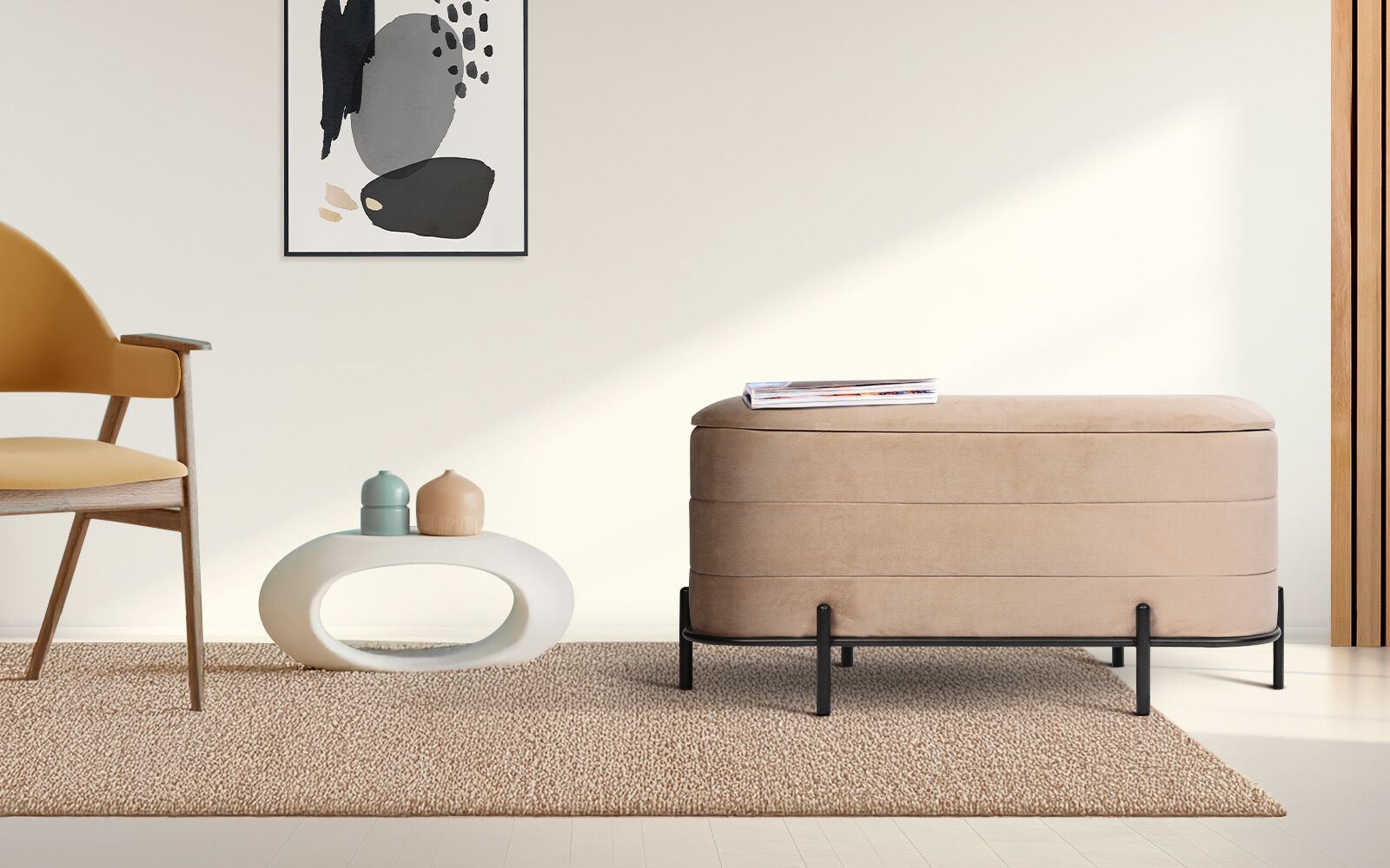 La Bella Coffee Table Storage Ottoman - Velvet Blanket Box Bench DEMI - CAMEL BEIGE