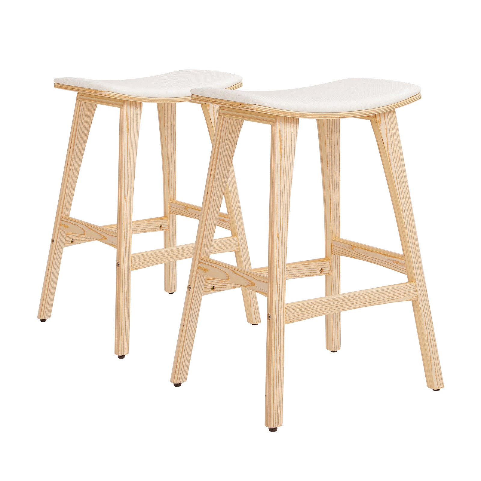 Pair of beige padded wooden bar stools with curved seats and light wood legs