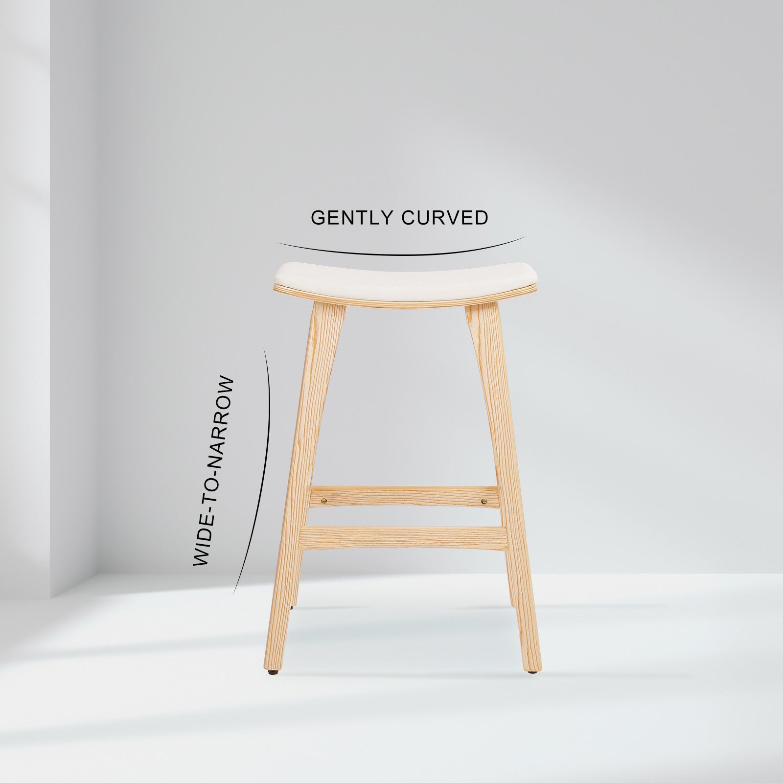 Light wood bar stool with beige padded seat and narrow, gently flared legs