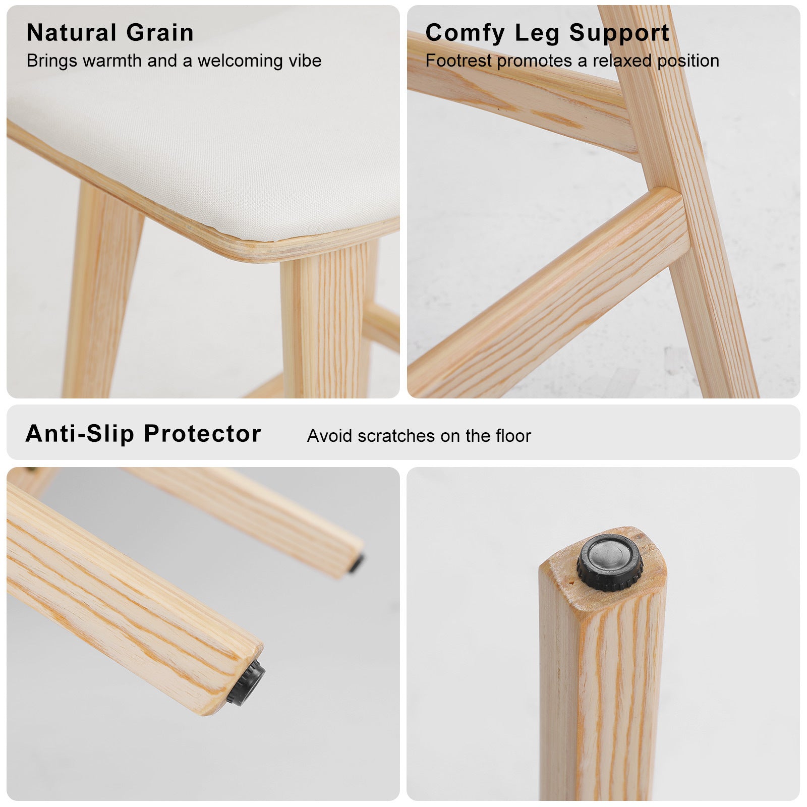 Close-up of beige padded wooden bar stool legs, corner joints, and anti-slip base