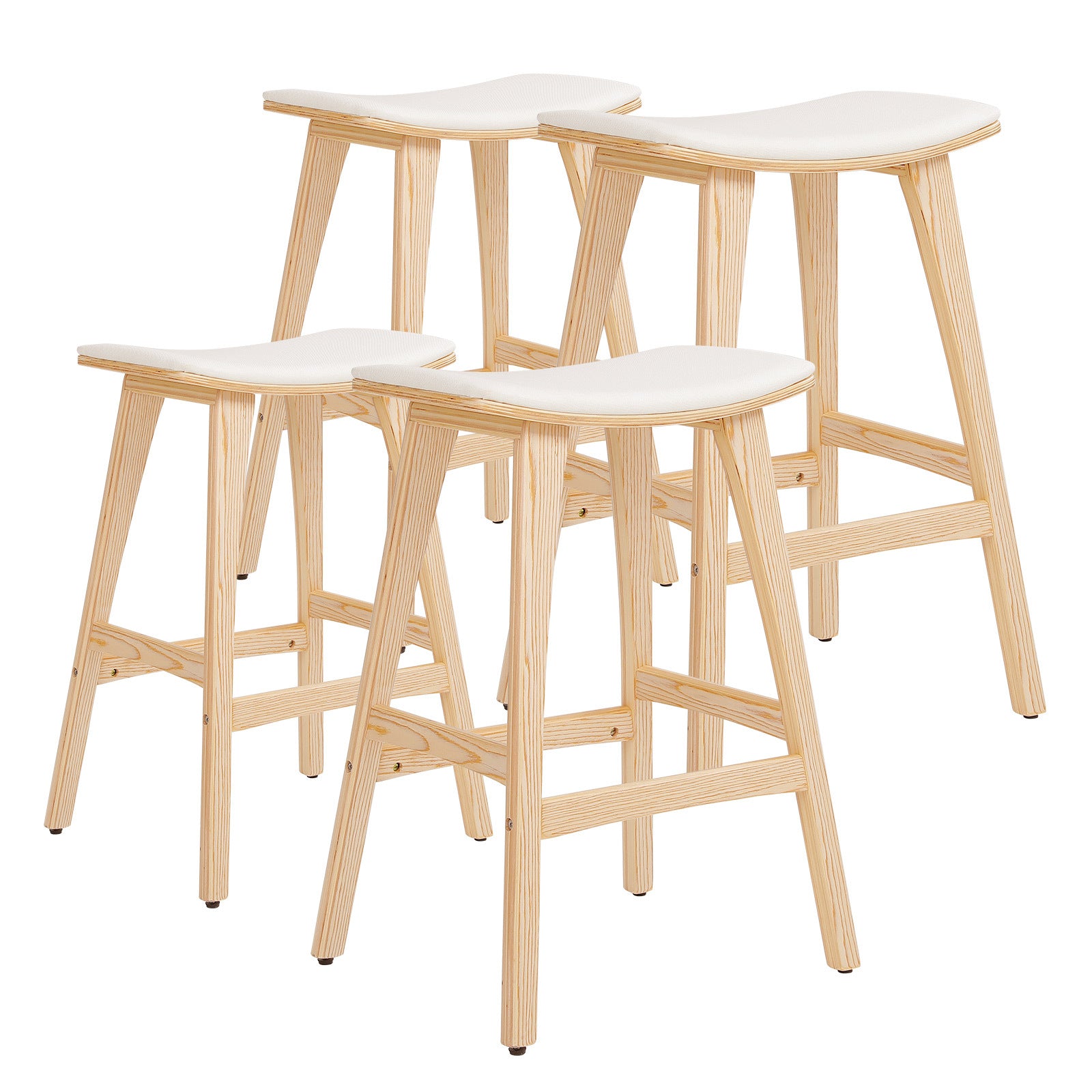 Set of two beige padded bar stools with light wood legs and cushioned seat