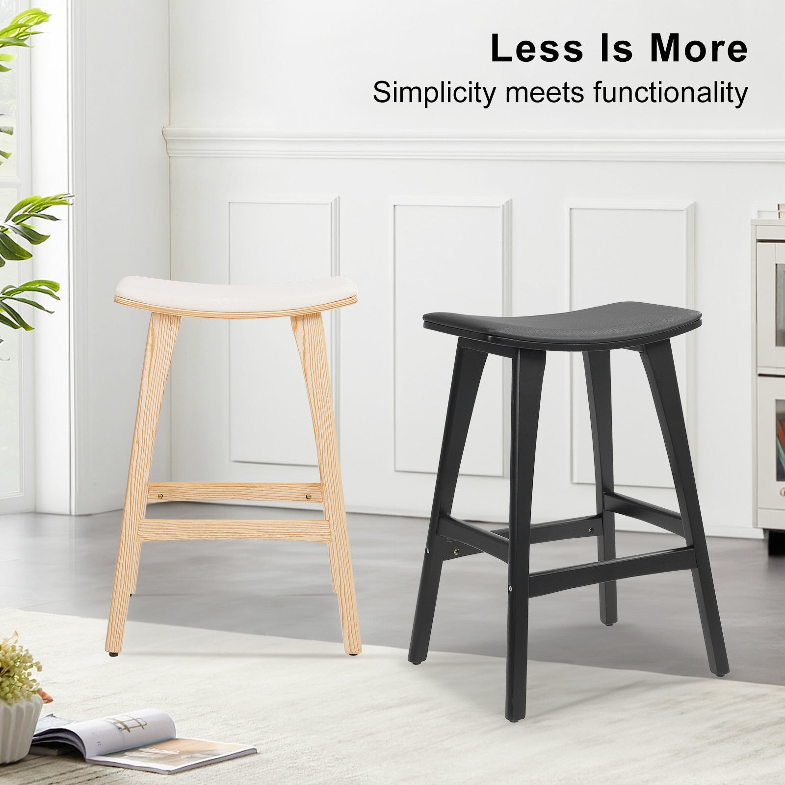 Beige padded bar stool with light wood legs, simple armless design
