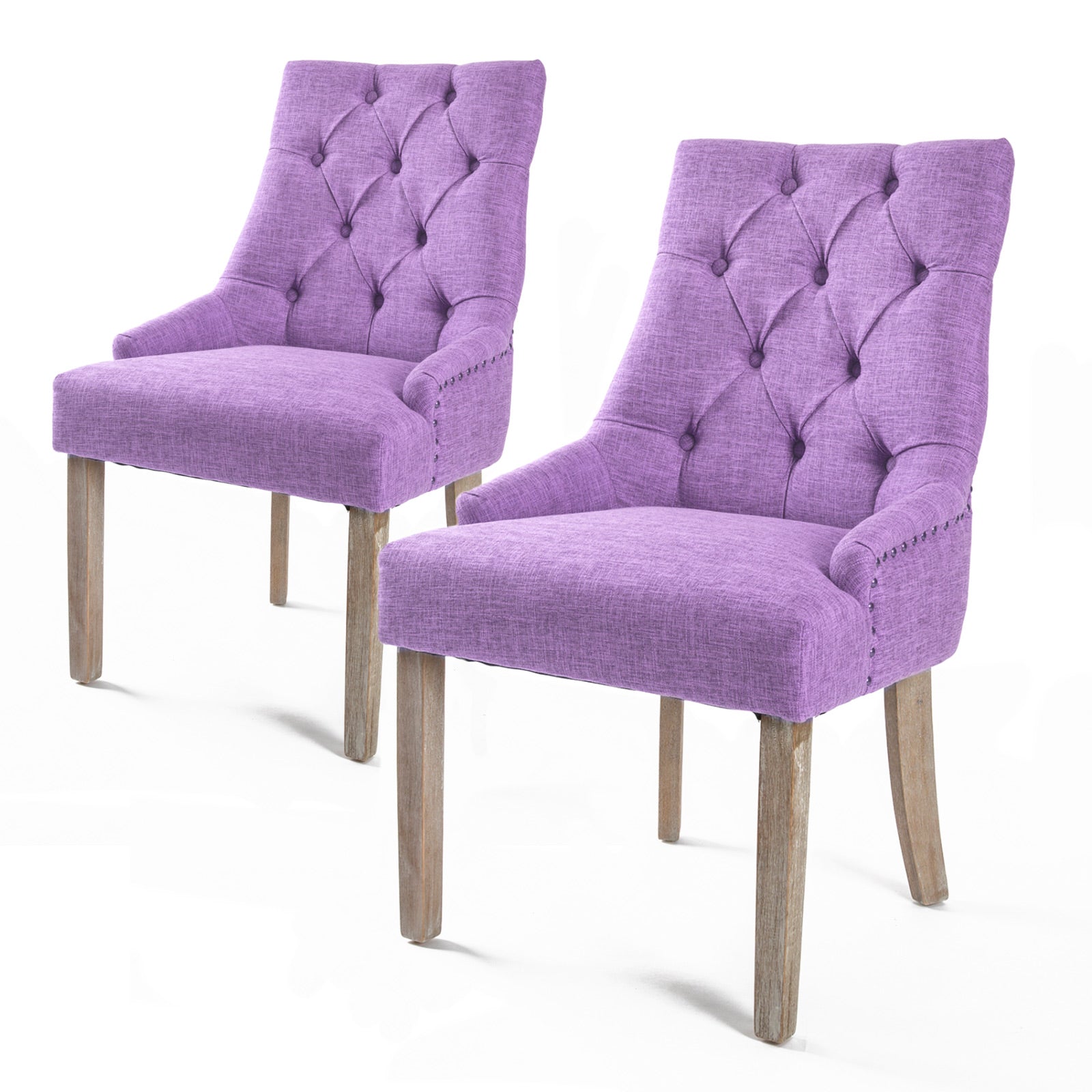 Purple tufted dining chair with buttoned back, armrests, and wooden legs