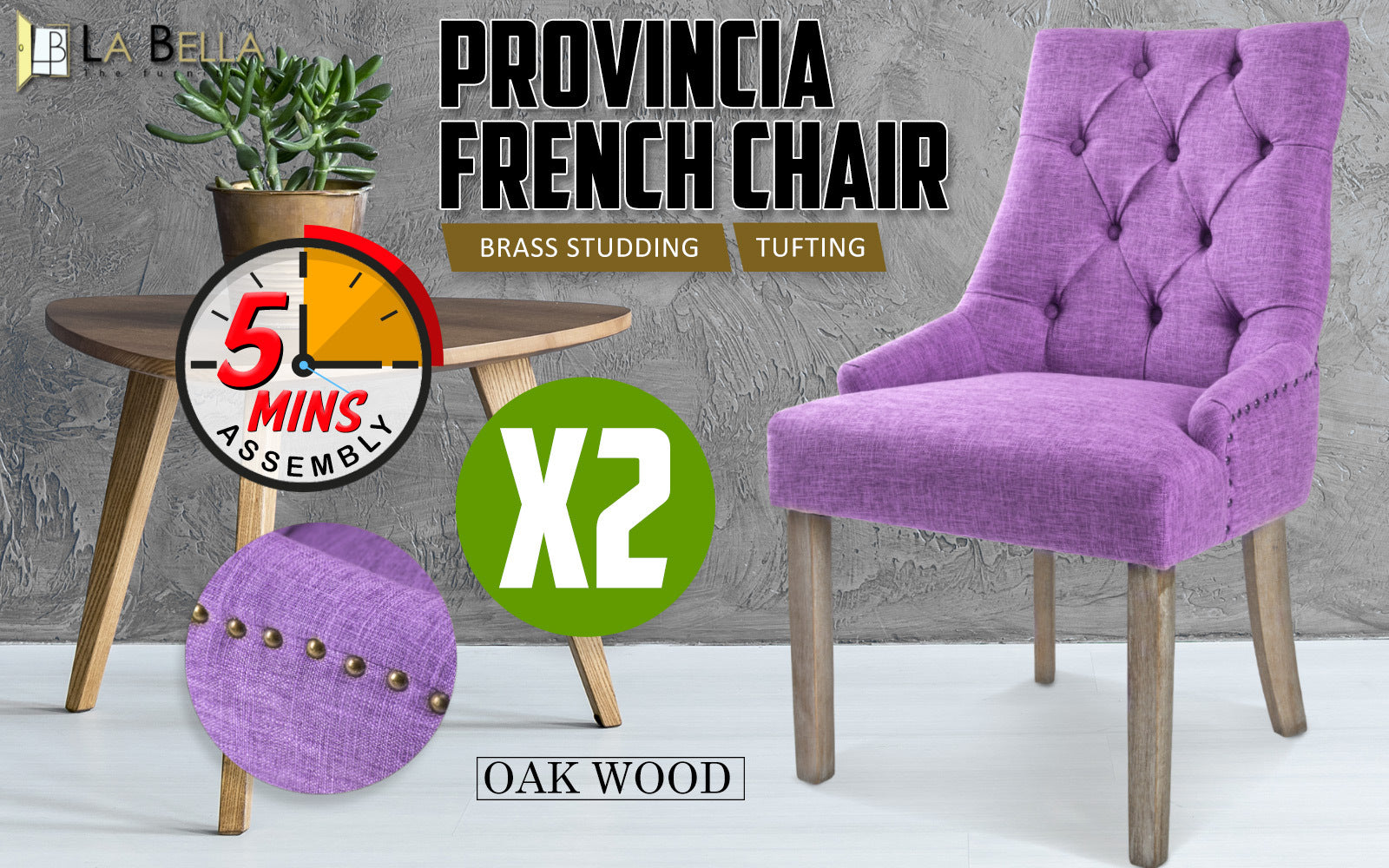 Pair of purple upholstered dining chairs with tufted backs and oak-toned legs