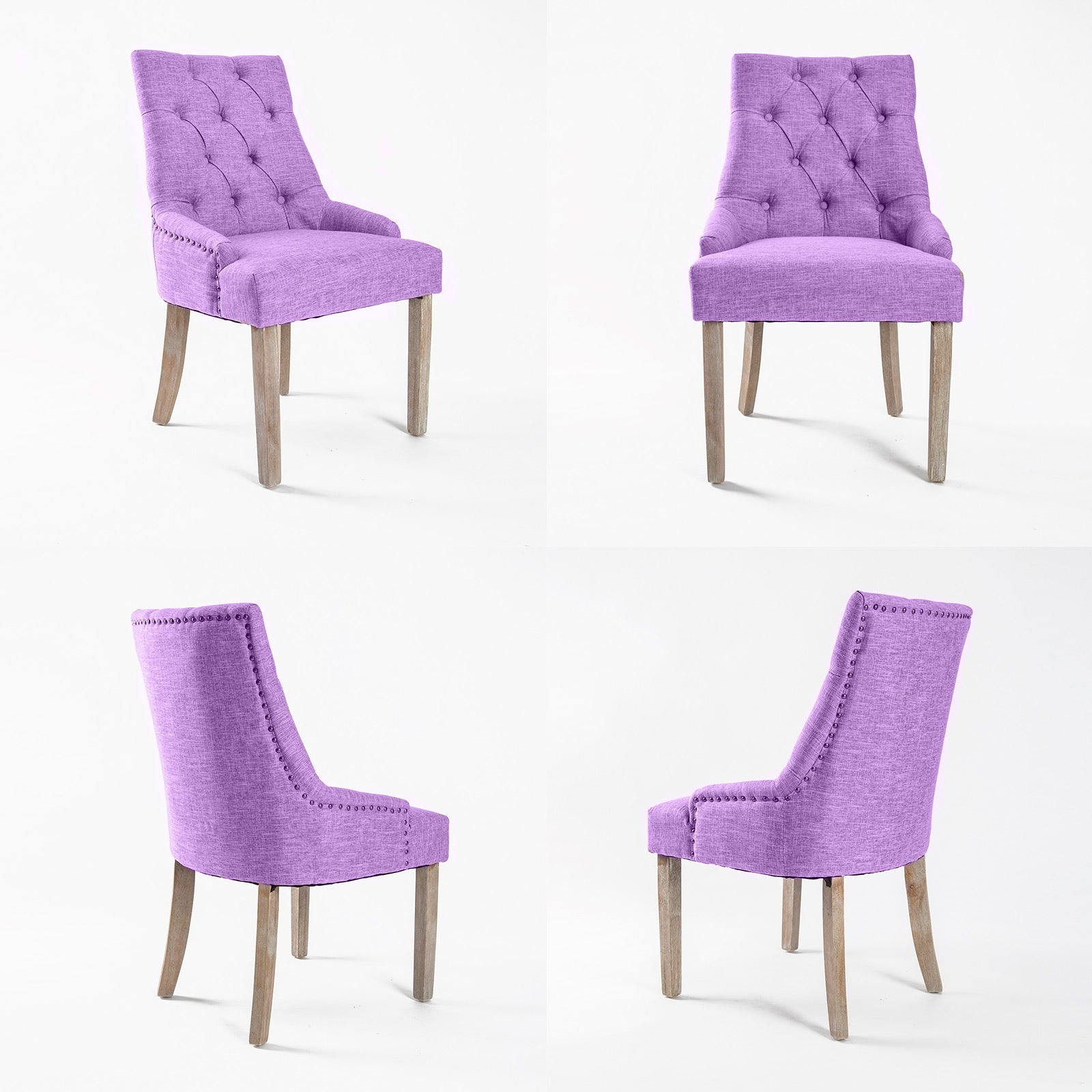 Purple tufted dining chairs with wooden legs, shown from multiple angles