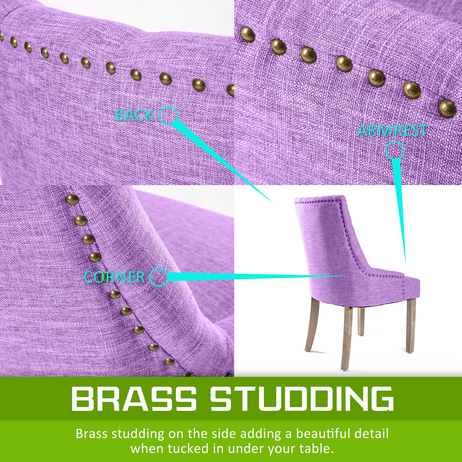 Purple upholstered chair arm with brass nailhead trim and curved armrest