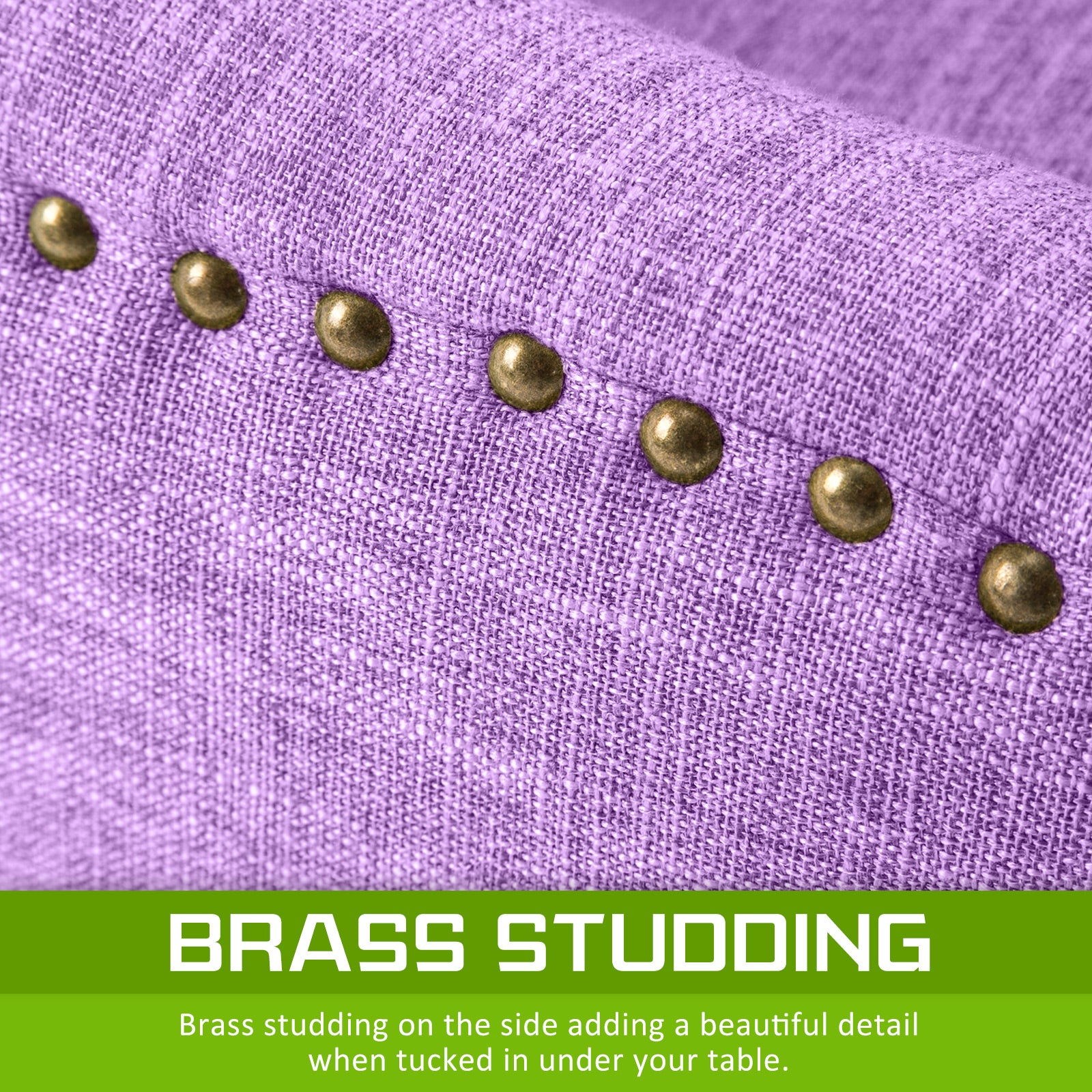 Purple upholstered chair back with brass nailhead buttons and tufted quilting
