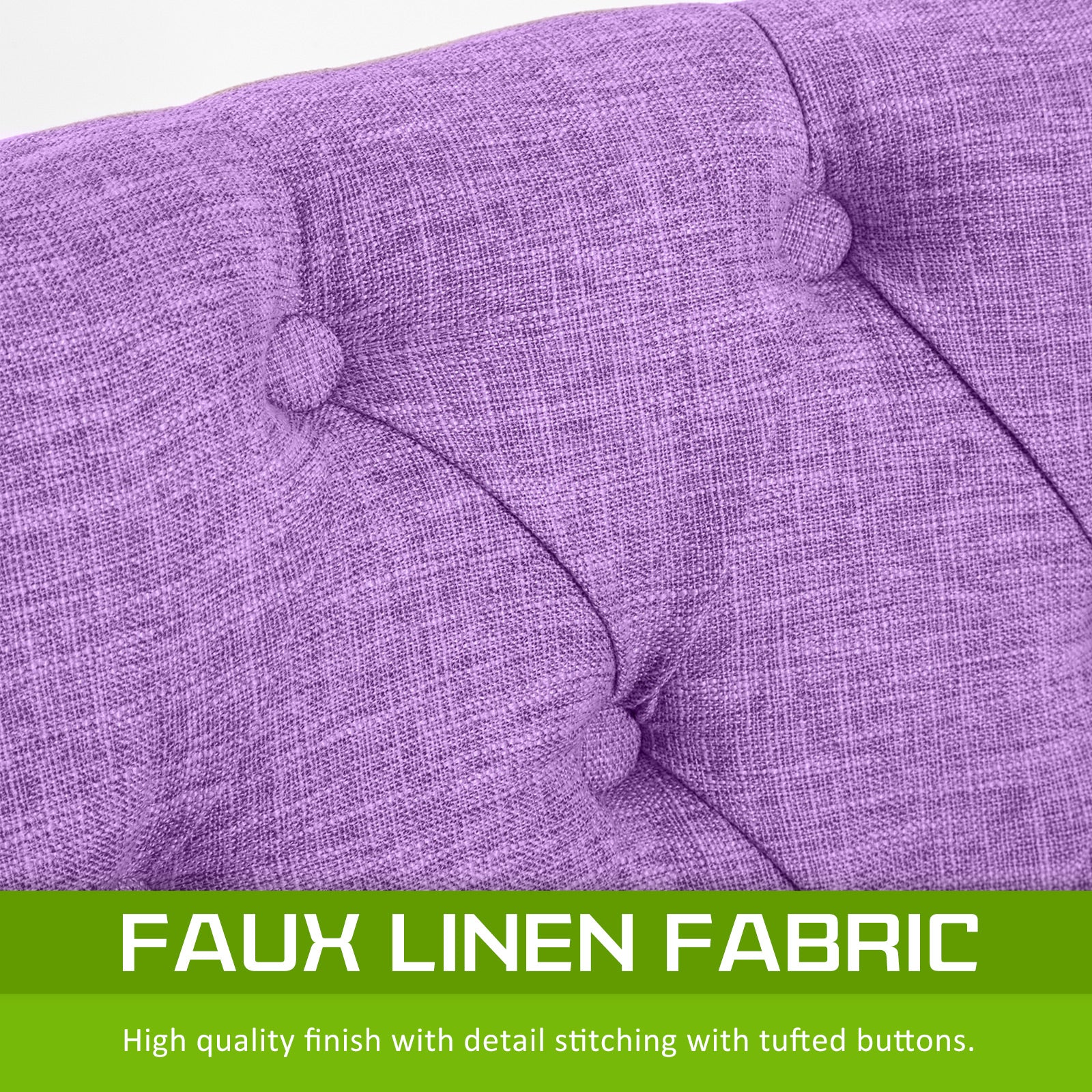 Purple upholstered chair arm and seat with tufted button detailing and stitching