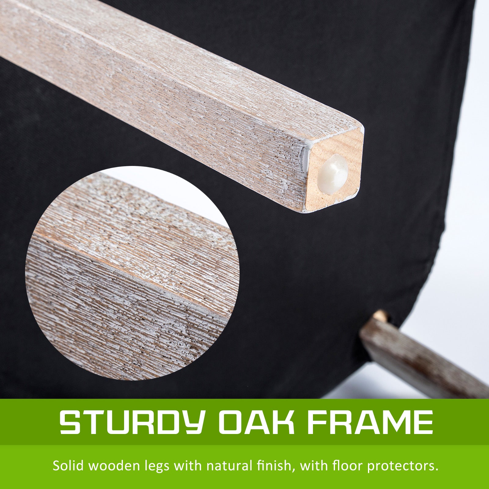 Oak-toned wooden chair leg with floor protector beneath dark fabric base
