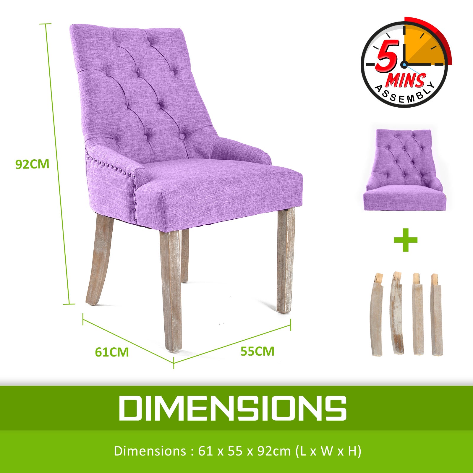 Tufted purple dining chair with curved back and oak legs, single-seat frame