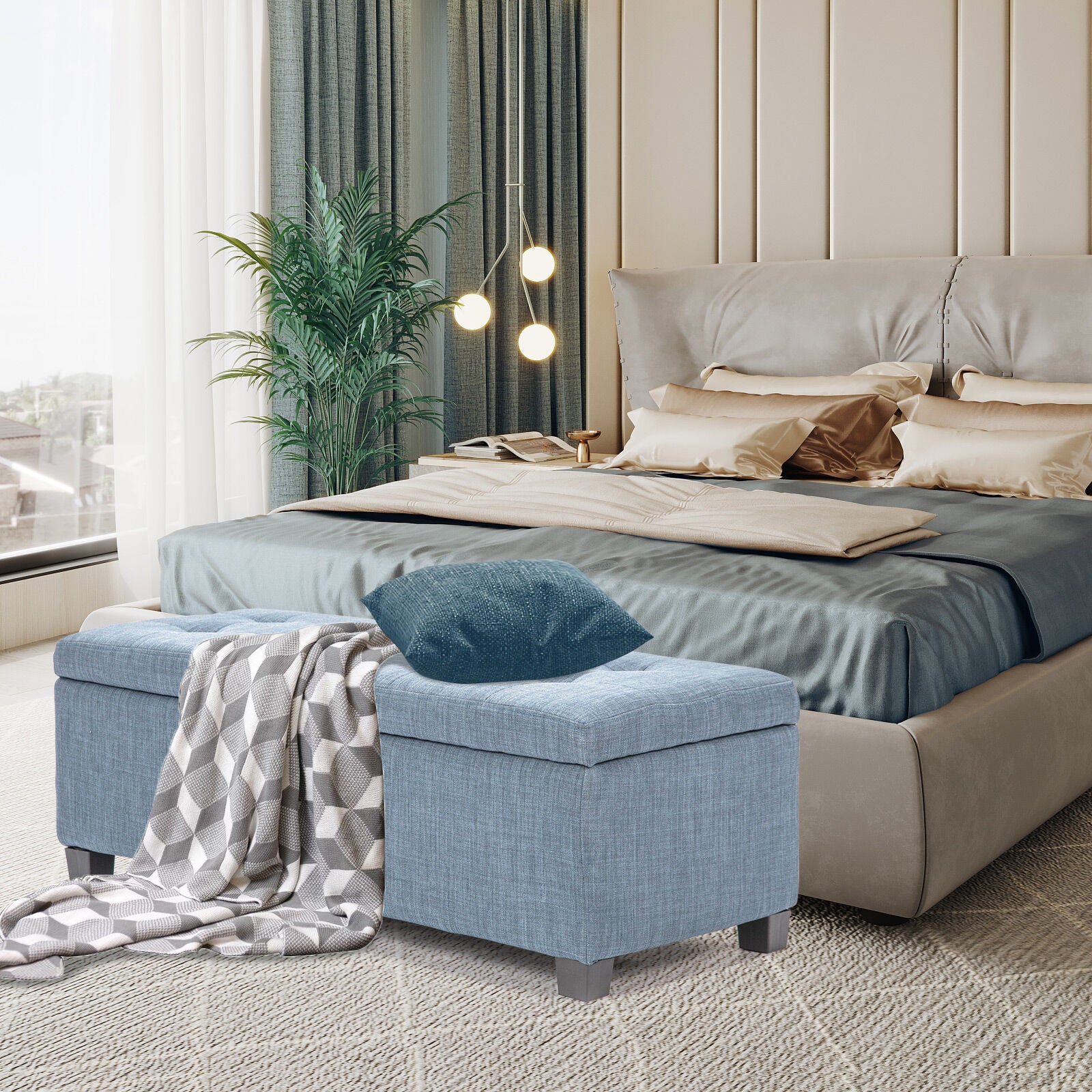 Storage Ottoman Stool 102cm Fabric LIGHT GREY BLUE