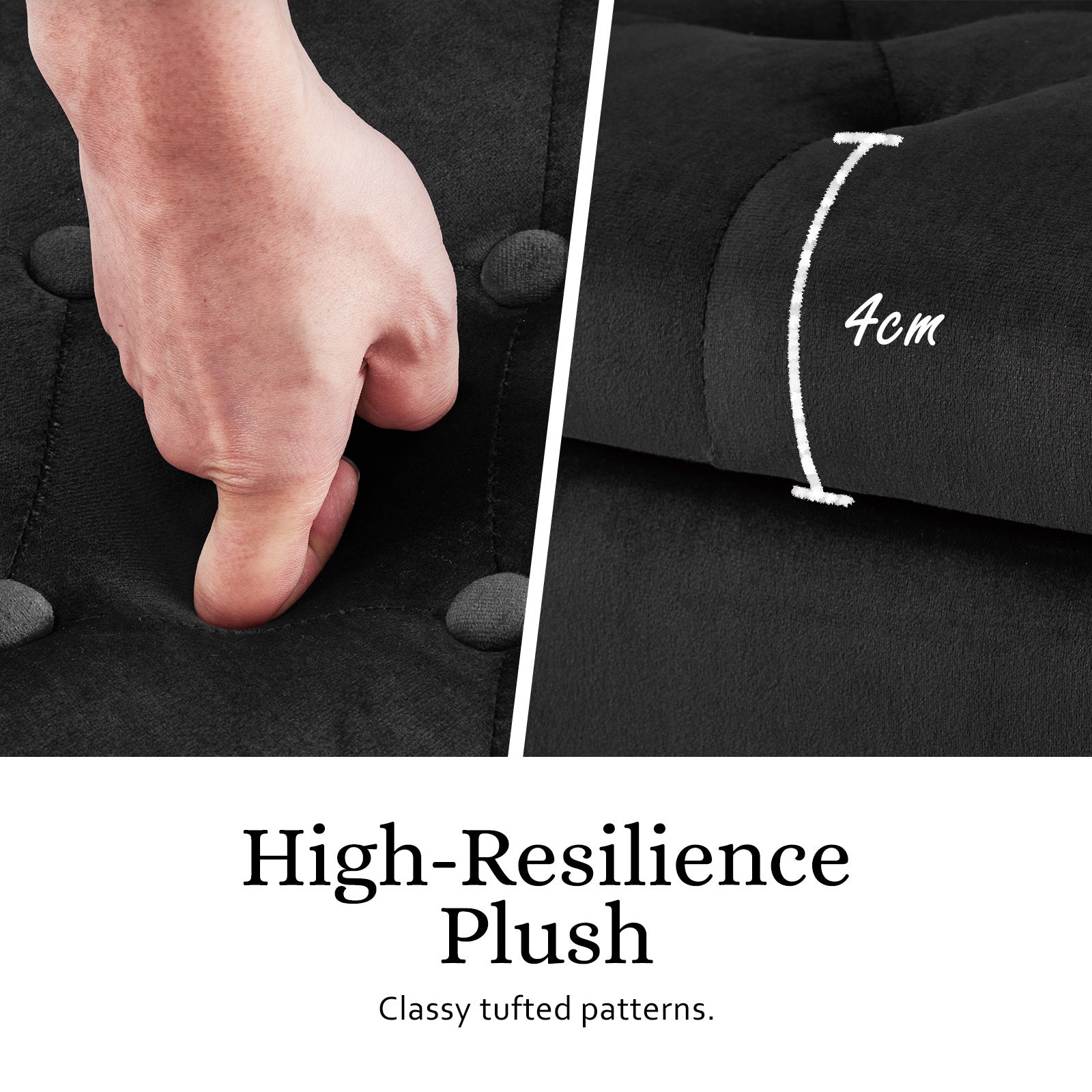 Black velvet ottoman seat cushion with tufting and plush, textured upholstery detail.