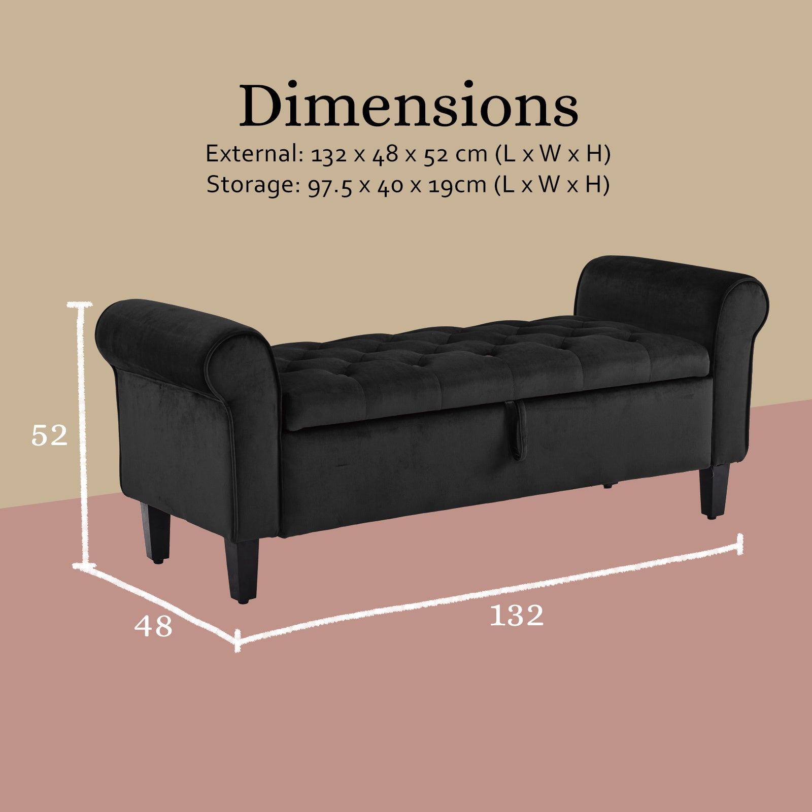 Black velvet storage ottoman bench seat with tufted cushion and armrests, 132cm.
