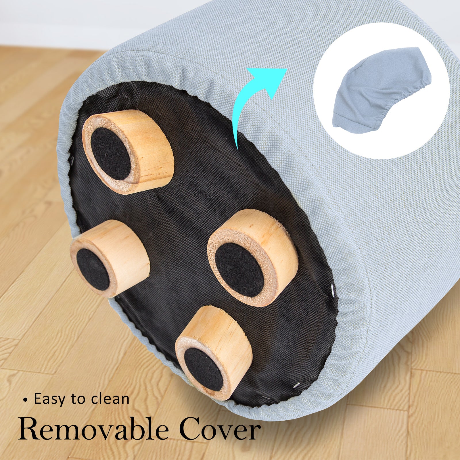 Round fabric ottoman with removable cover and wooden base pieces