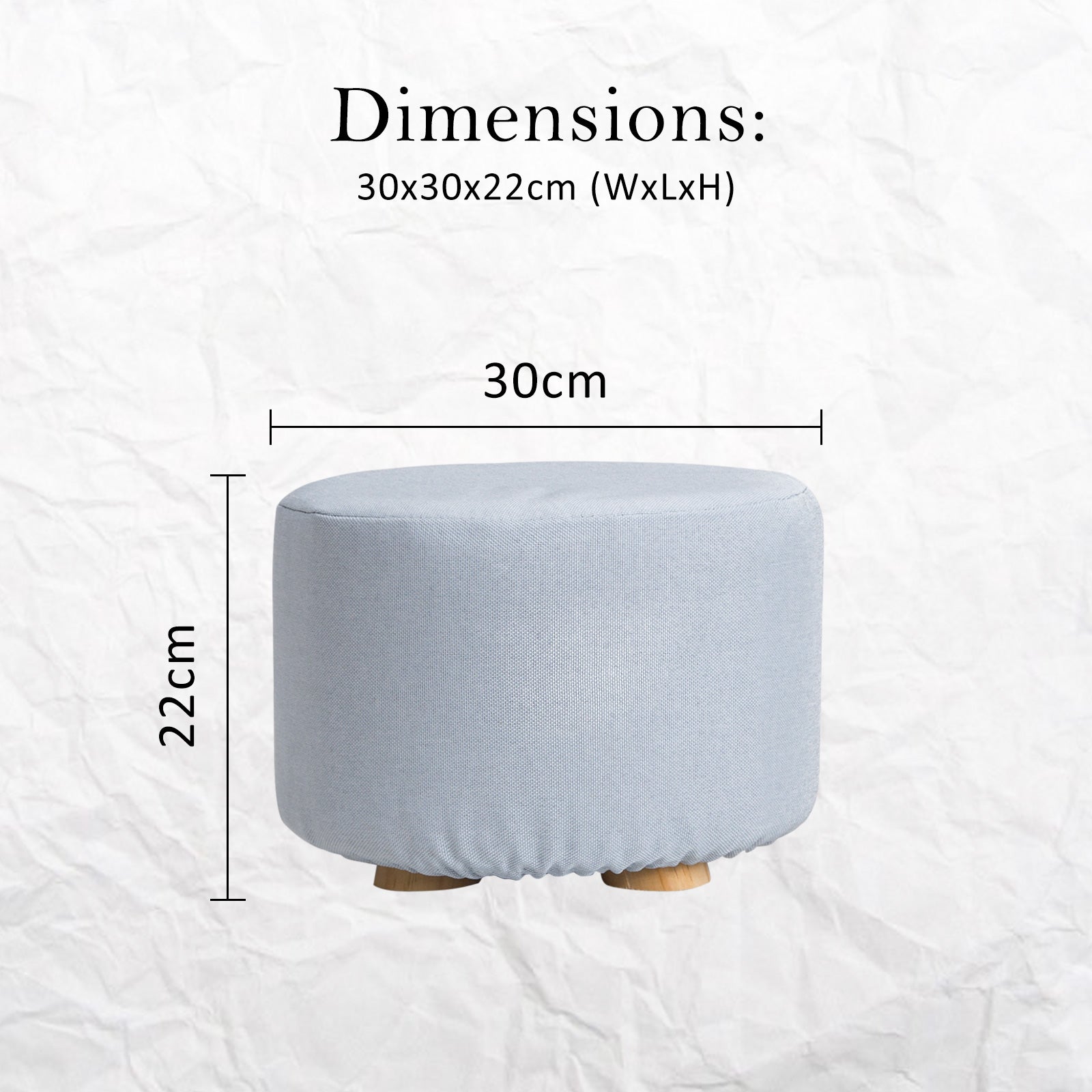 Light blue round fabric ottoman footstool with short wooden legs