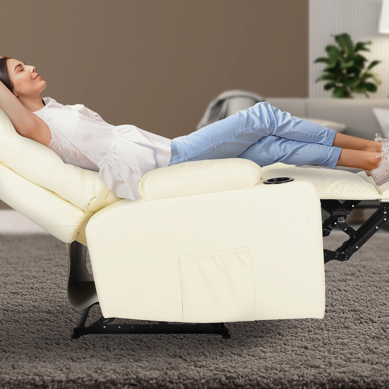 8-Point Electric Massage Recliner Chair - PU Leather Lounge Sofa Armchair ARLEEN BEIGE