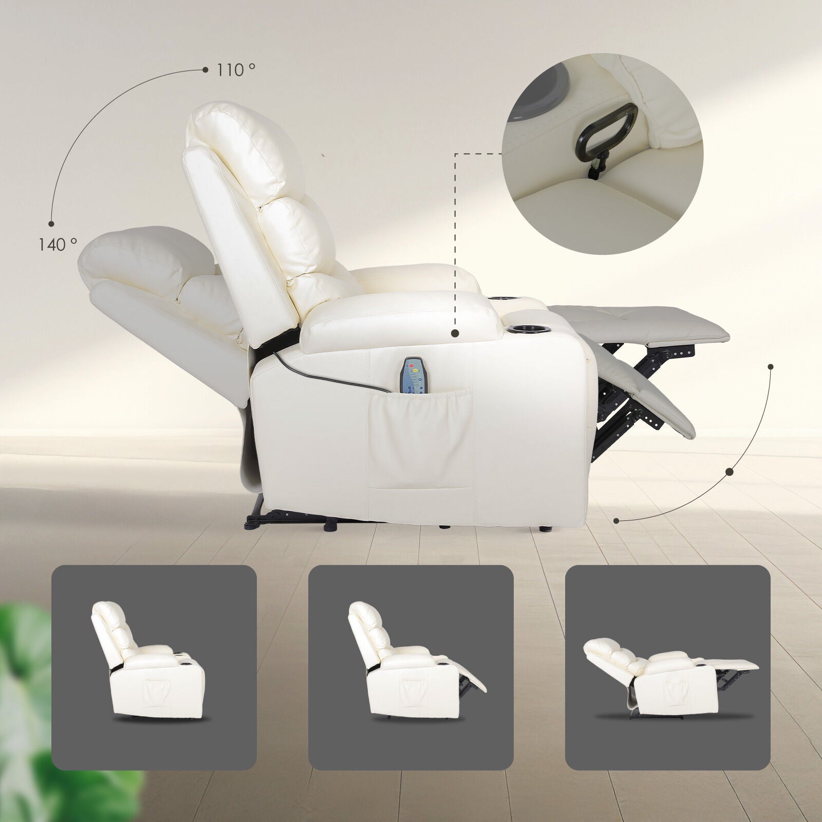 8-Point Electric Massage Recliner Chair - PU Leather Lounge Sofa Armchair CELINA CREAM
