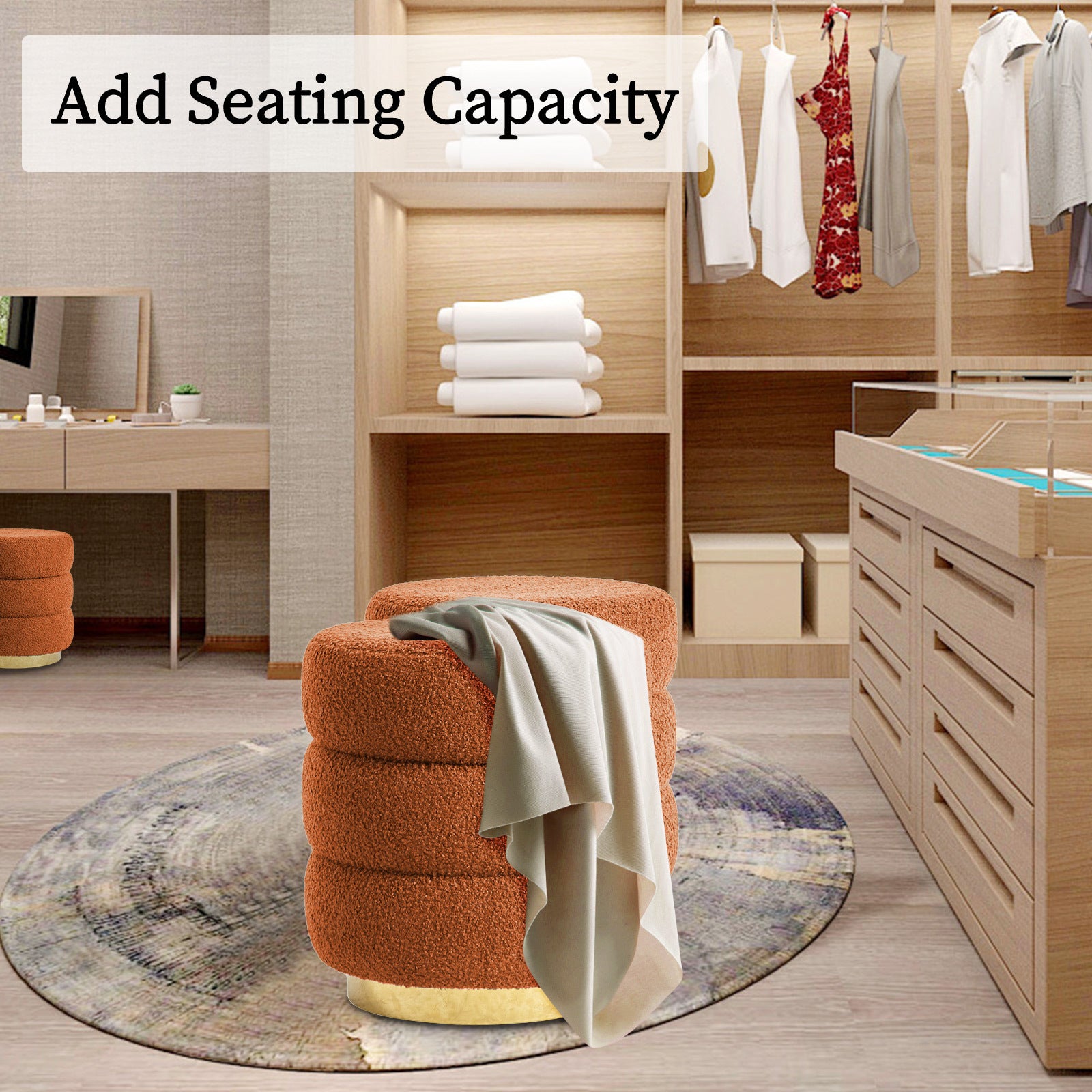Round stacked teddy fleece ottoman footstool, orange, three-tier padded seat