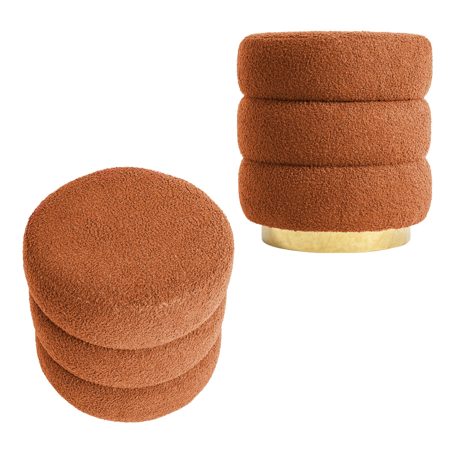 Stacked round ottoman stool with orange teddy fleece cover and two padded tiers