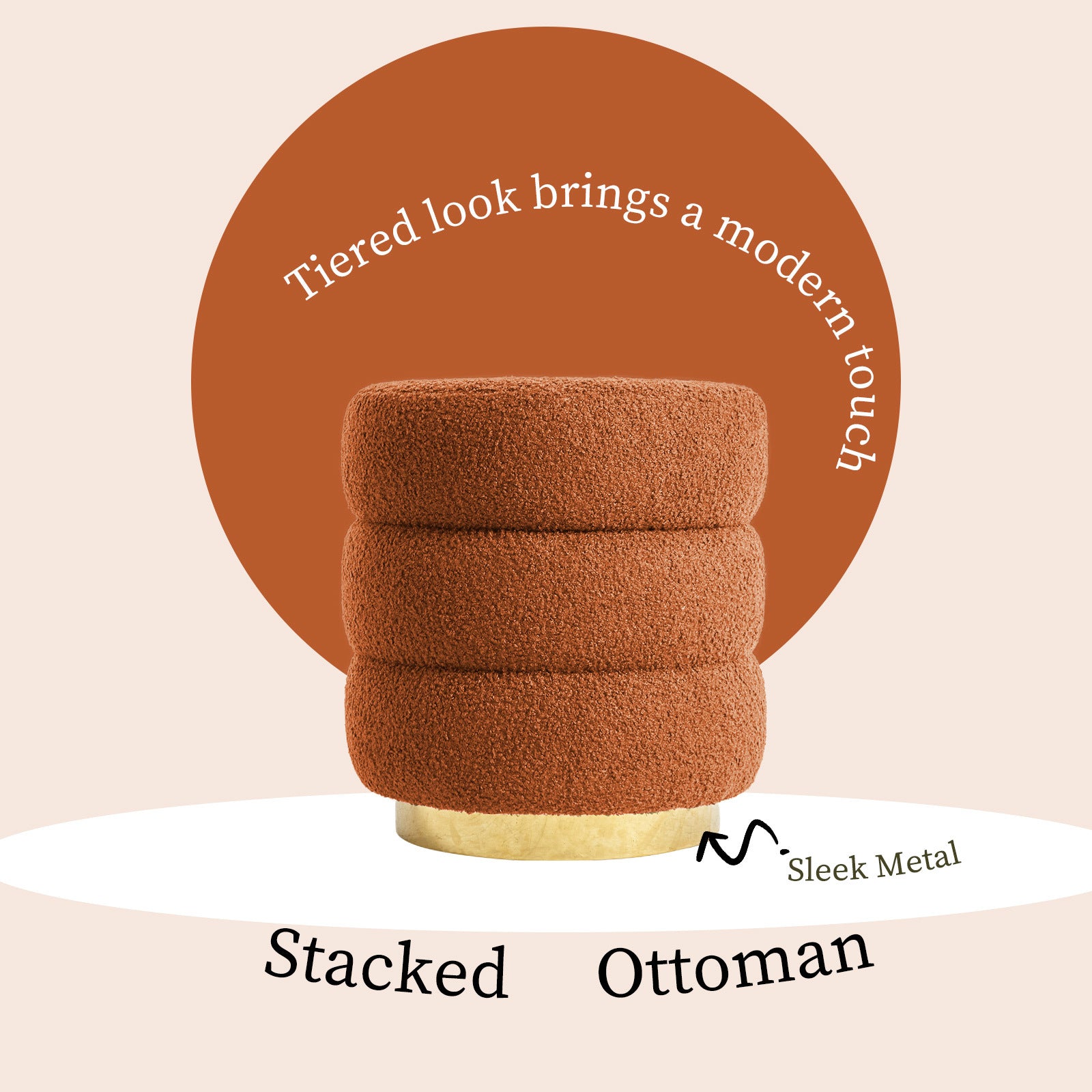 Stacked round ottoman stool with orange teddy fleece and light-colored base
