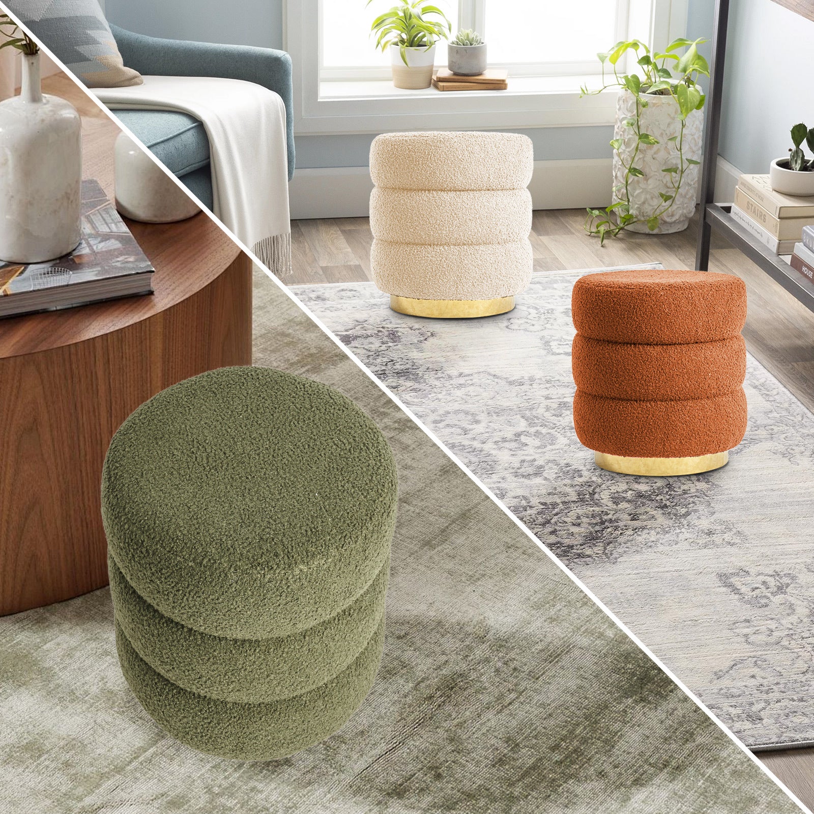 Stacked round ottoman stool in orange teddy fleece with cream base ring