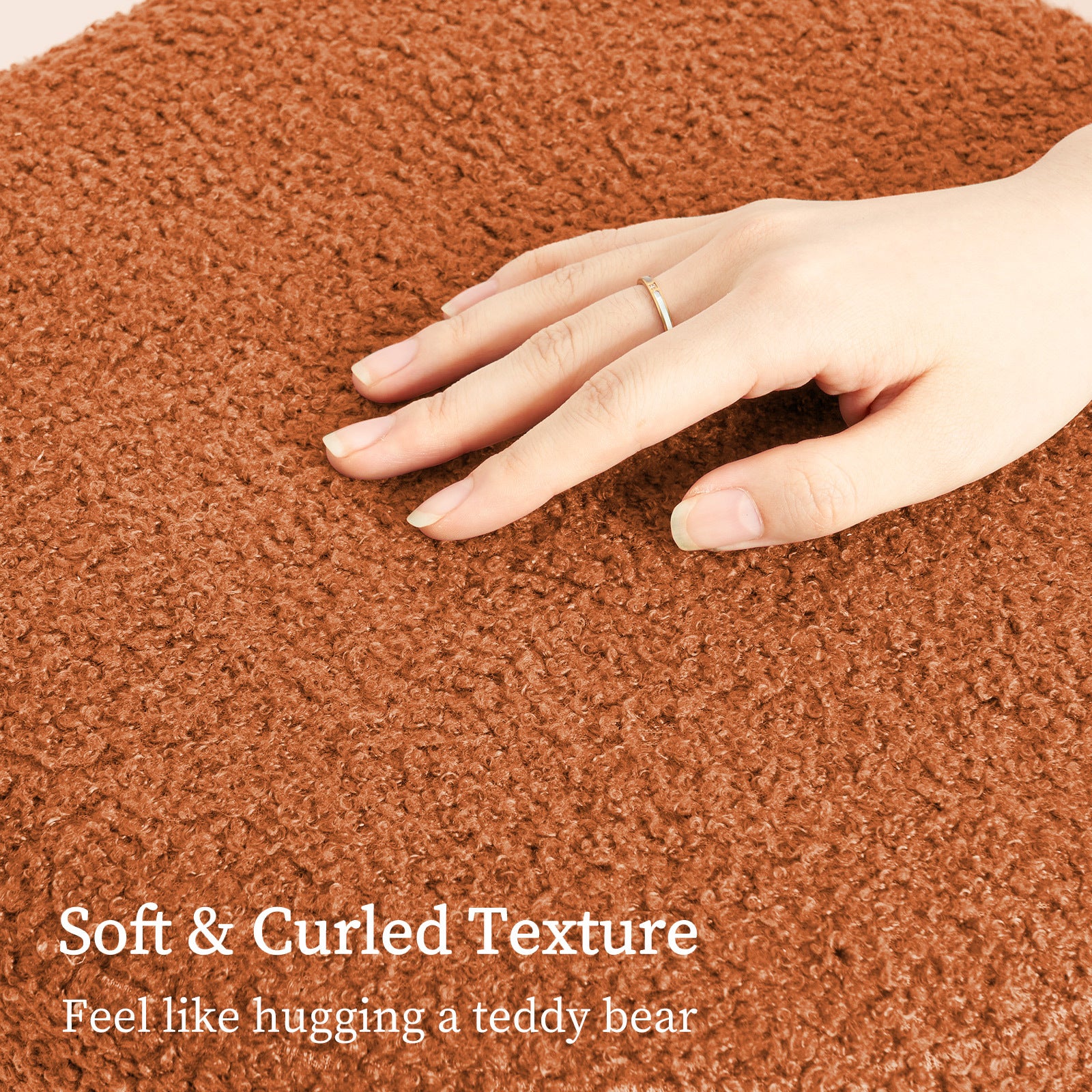 Orange teddy fleece ottoman cover texture with hand touch close-up