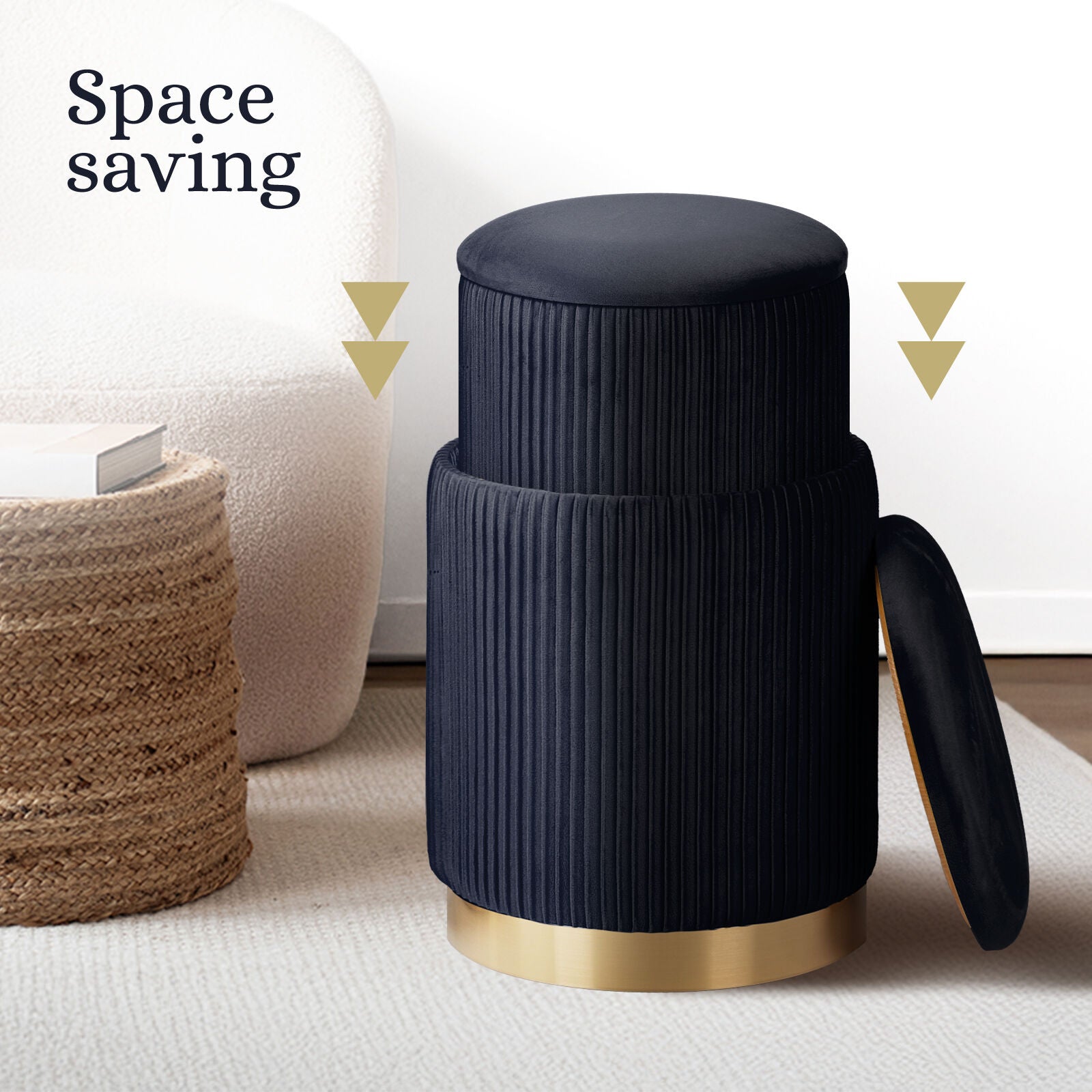 2X Side Table Storage Ottoman - Velvet Stool MIRA Black