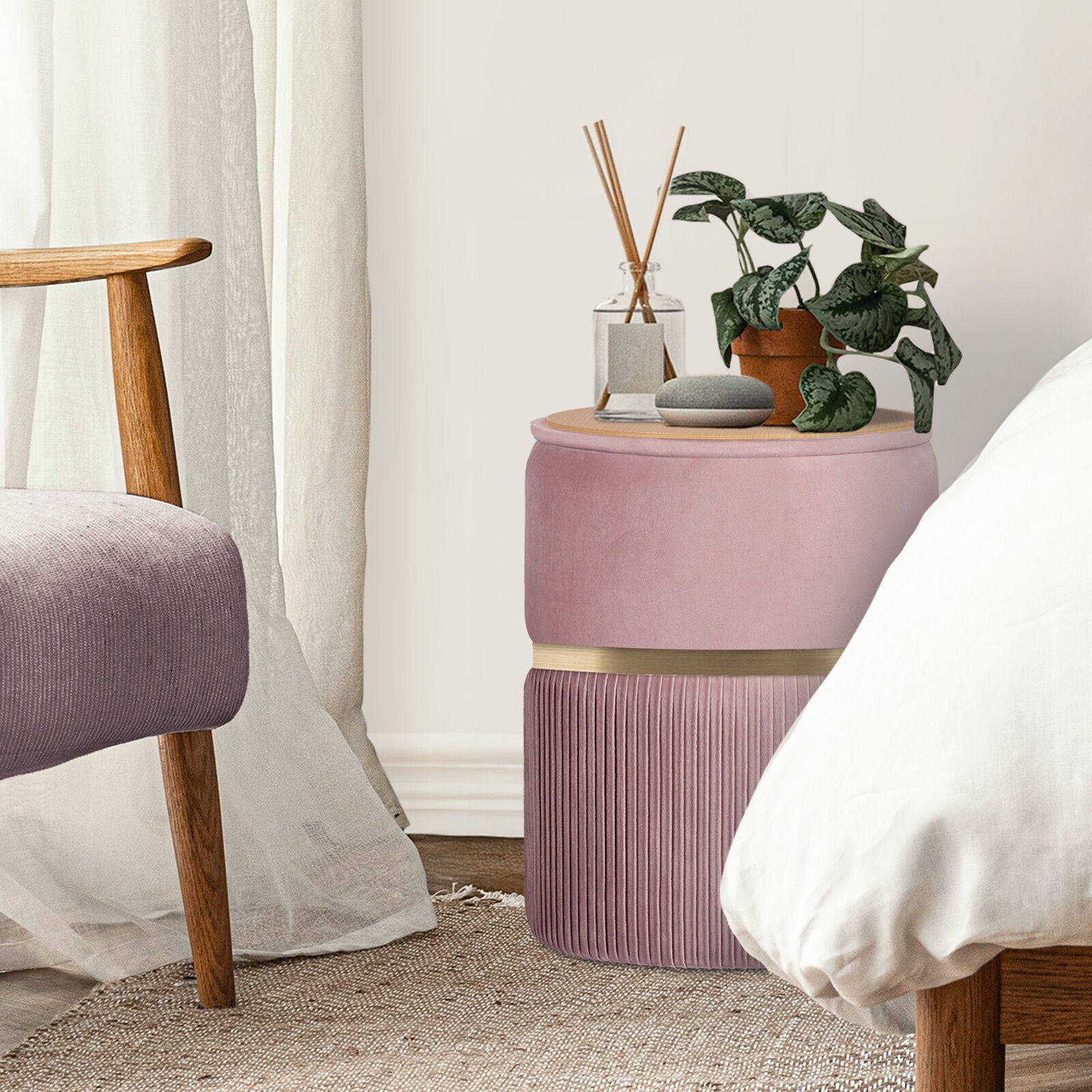 2X Side Table Storage Ottoman - Velvet Padded Stool Vanity Footstool REMI Pink