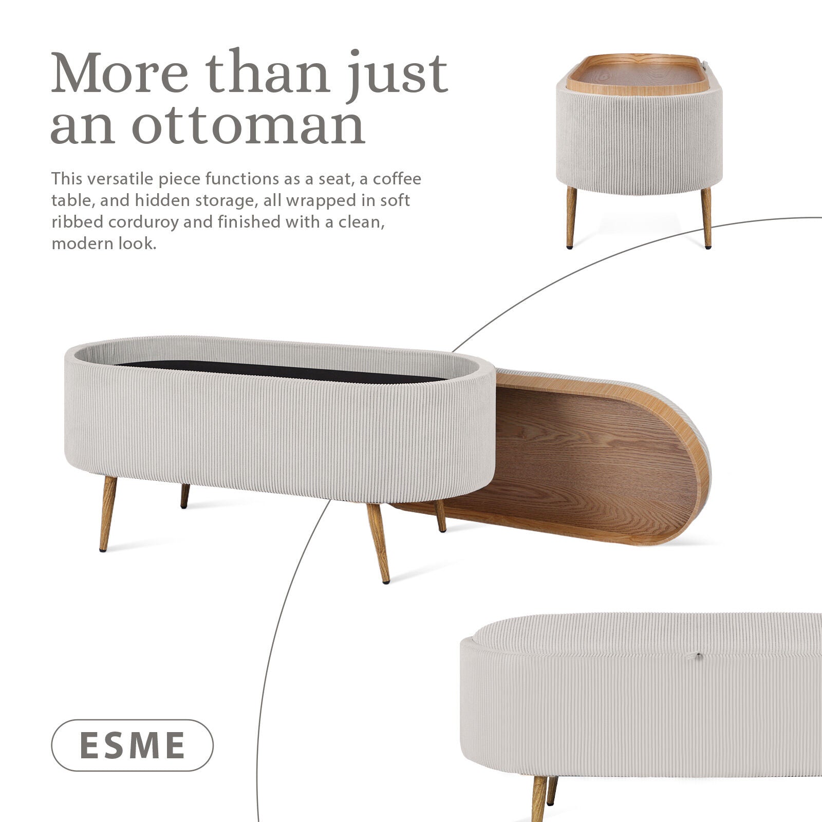 Coffee Table Storage Ottoman - Corduroy Padded Blanket Box Bench ESME CREAM