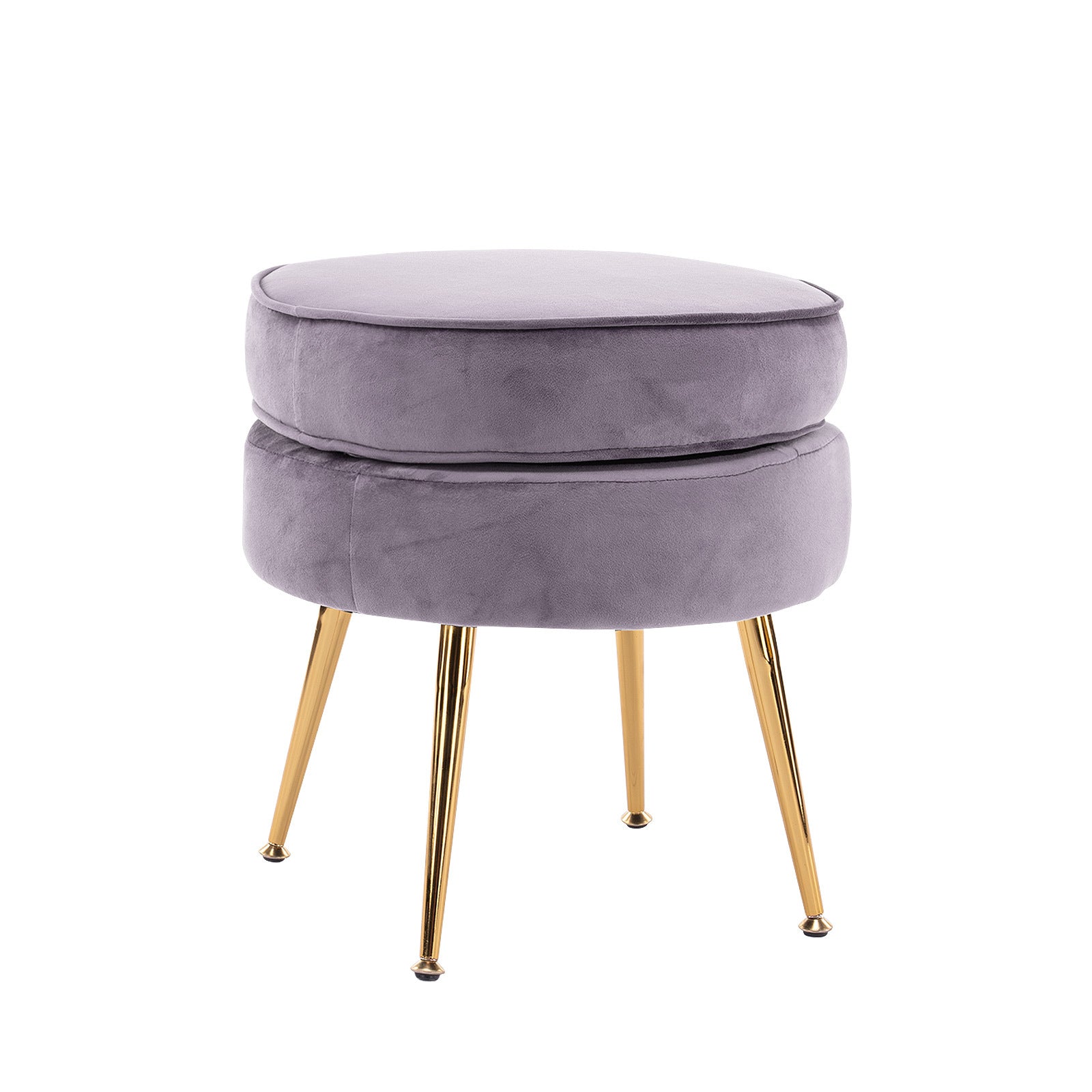 Round velvet footstool in light gray with gold metal tapered legs