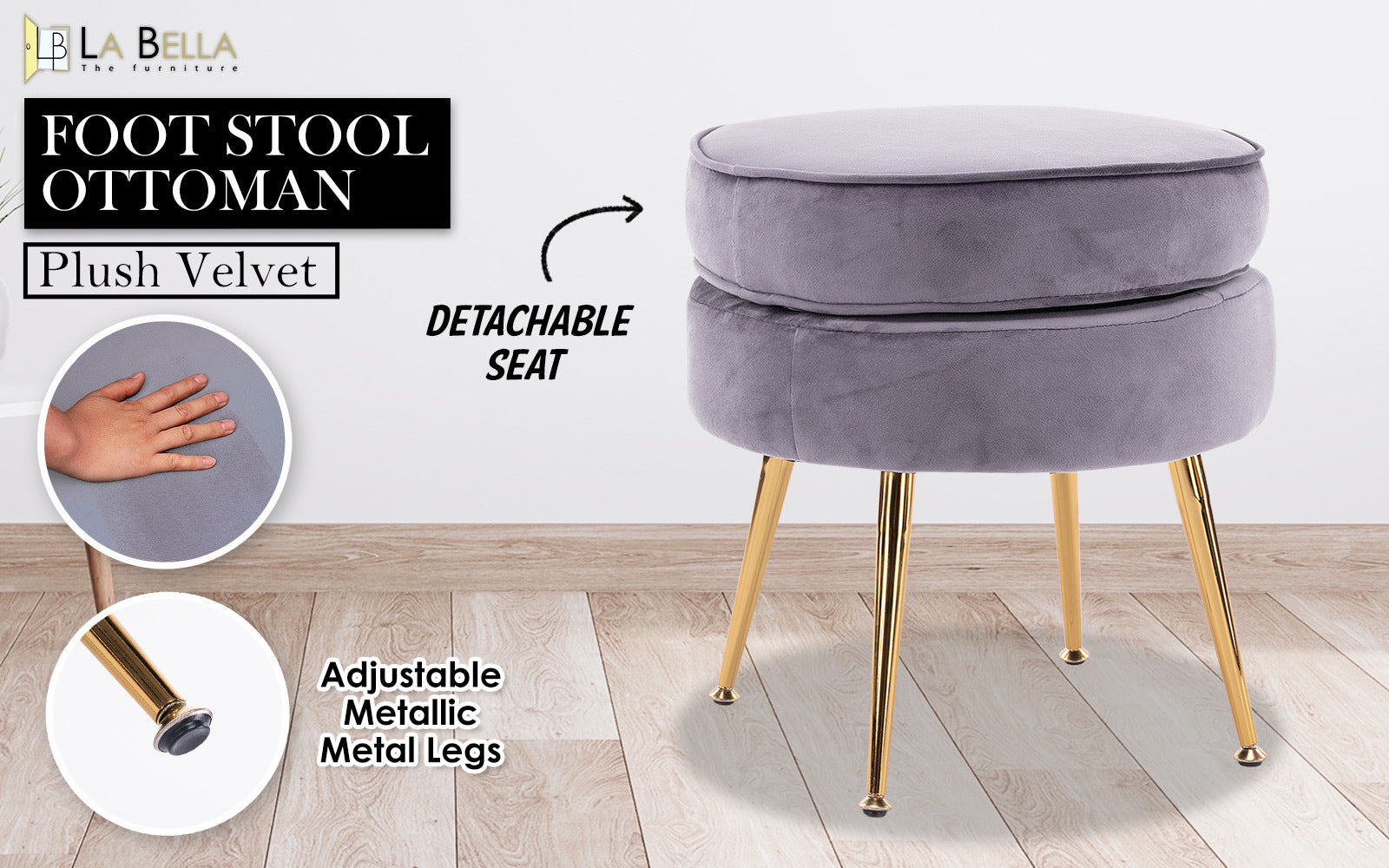 Round light gray velvet ottoman with detachable top seat and adjustable metal legs