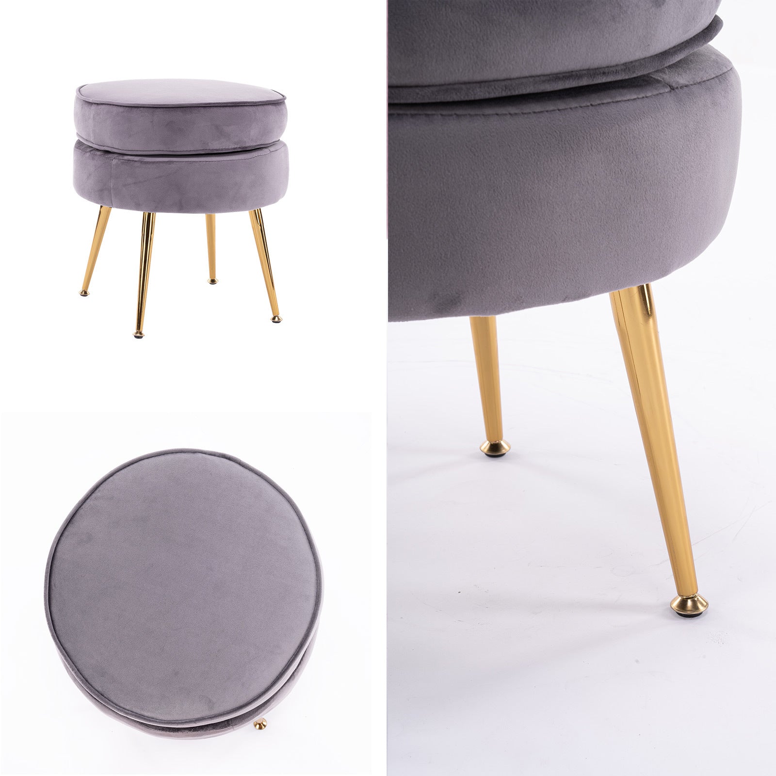 Round light gray velvet footstool with gold metal legs and cushioned sides