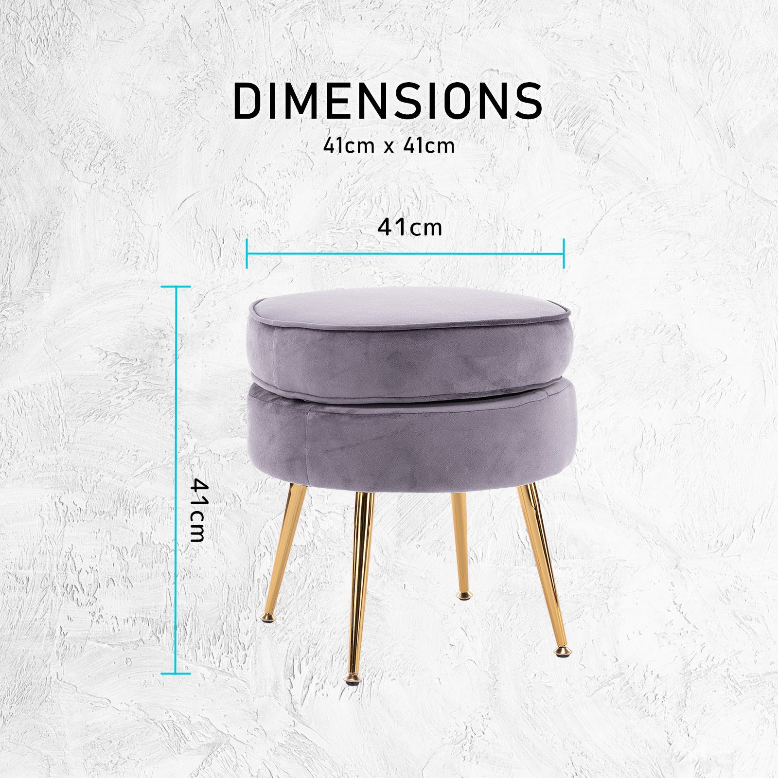 Round grey velvet ottoman with gold metal legs and cushioned top