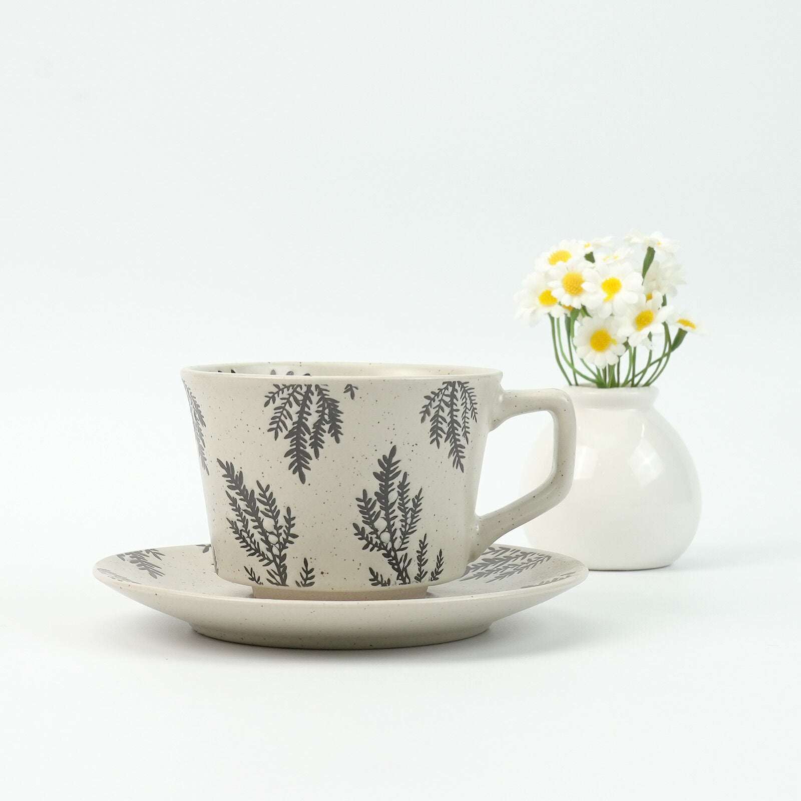 High-Fired Ceramic Stoneware Speckle Cup & Saucer Set 380ml Floral Tea Spoon EARTHY GREY