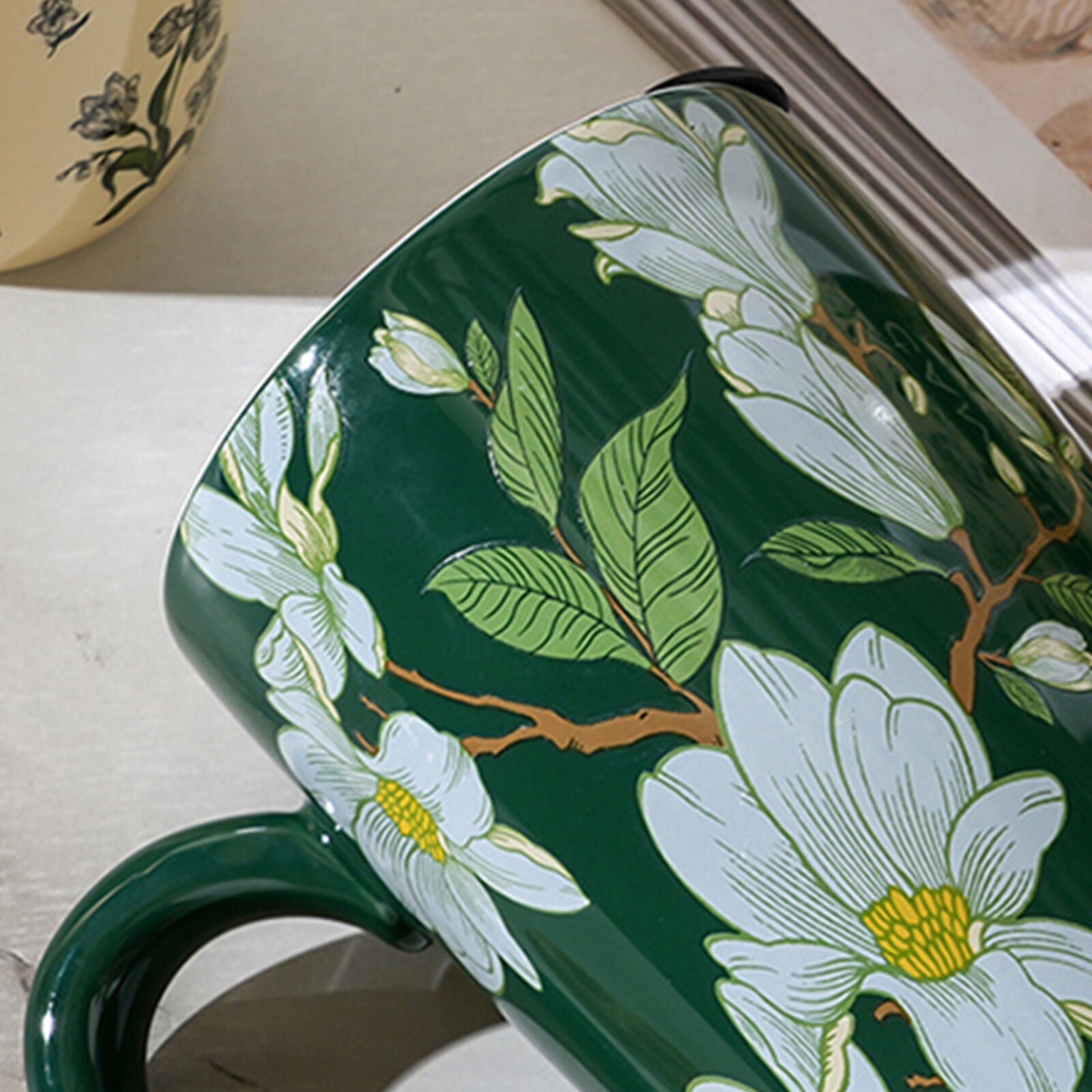 2X High-Fired Ceramic Porcelain Mug with Travel Lid 600ml Vintage Floral GREEN