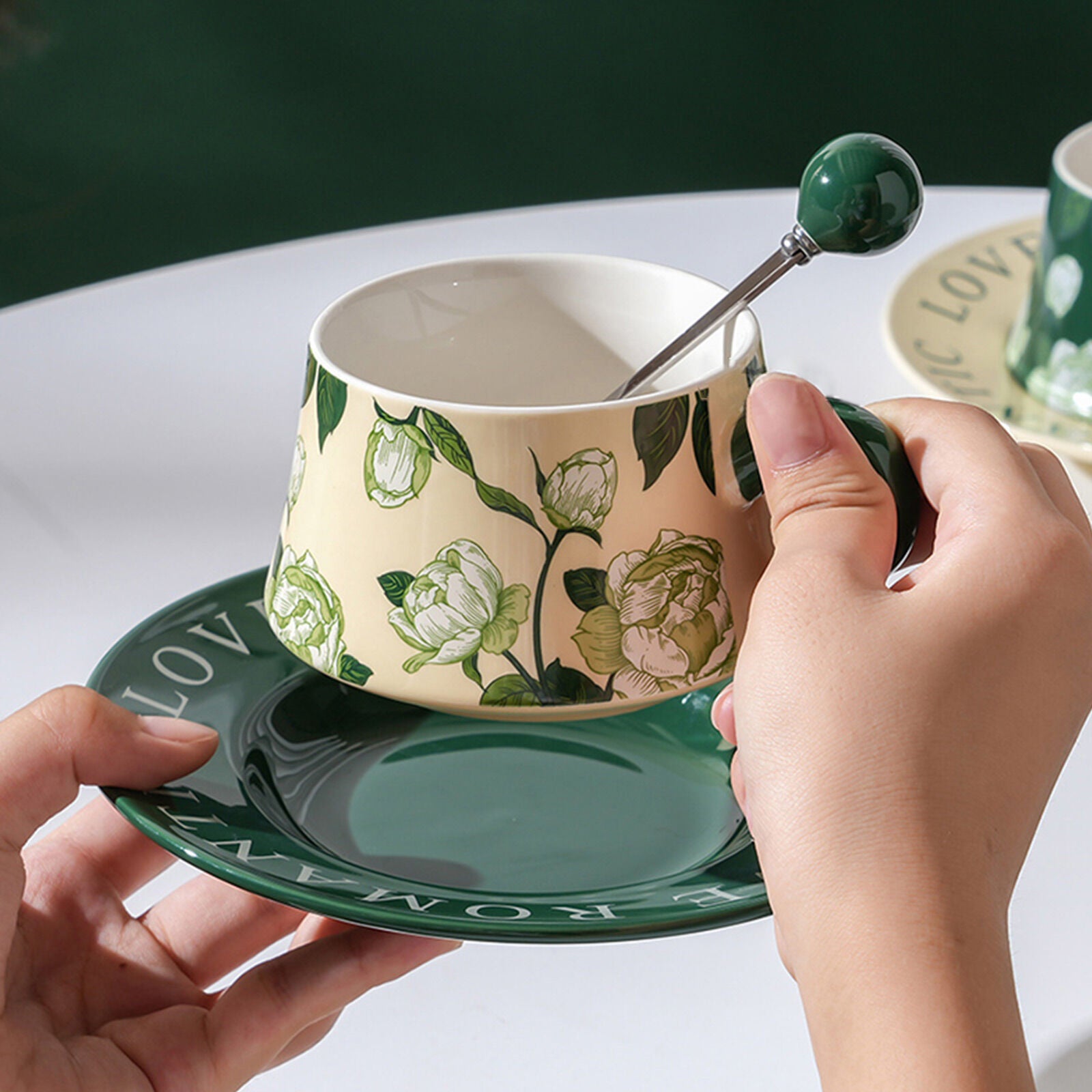 2X High-Fired Ceramic Porcelain Cup & Saucer Set 300ml Vintage Floral Tea Spoon GREEN
