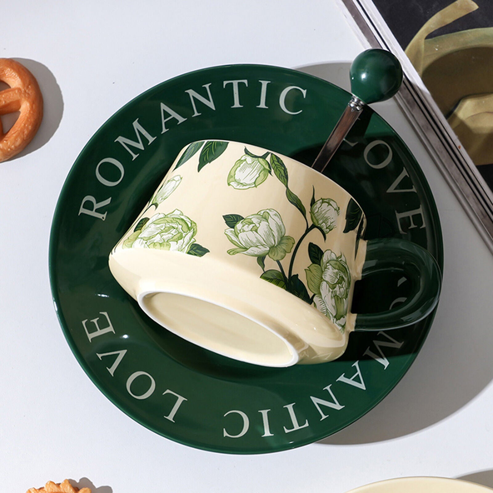 2X High-Fired Ceramic Porcelain Cup & Saucer Set 300ml Vintage Floral Tea Spoon GREEN