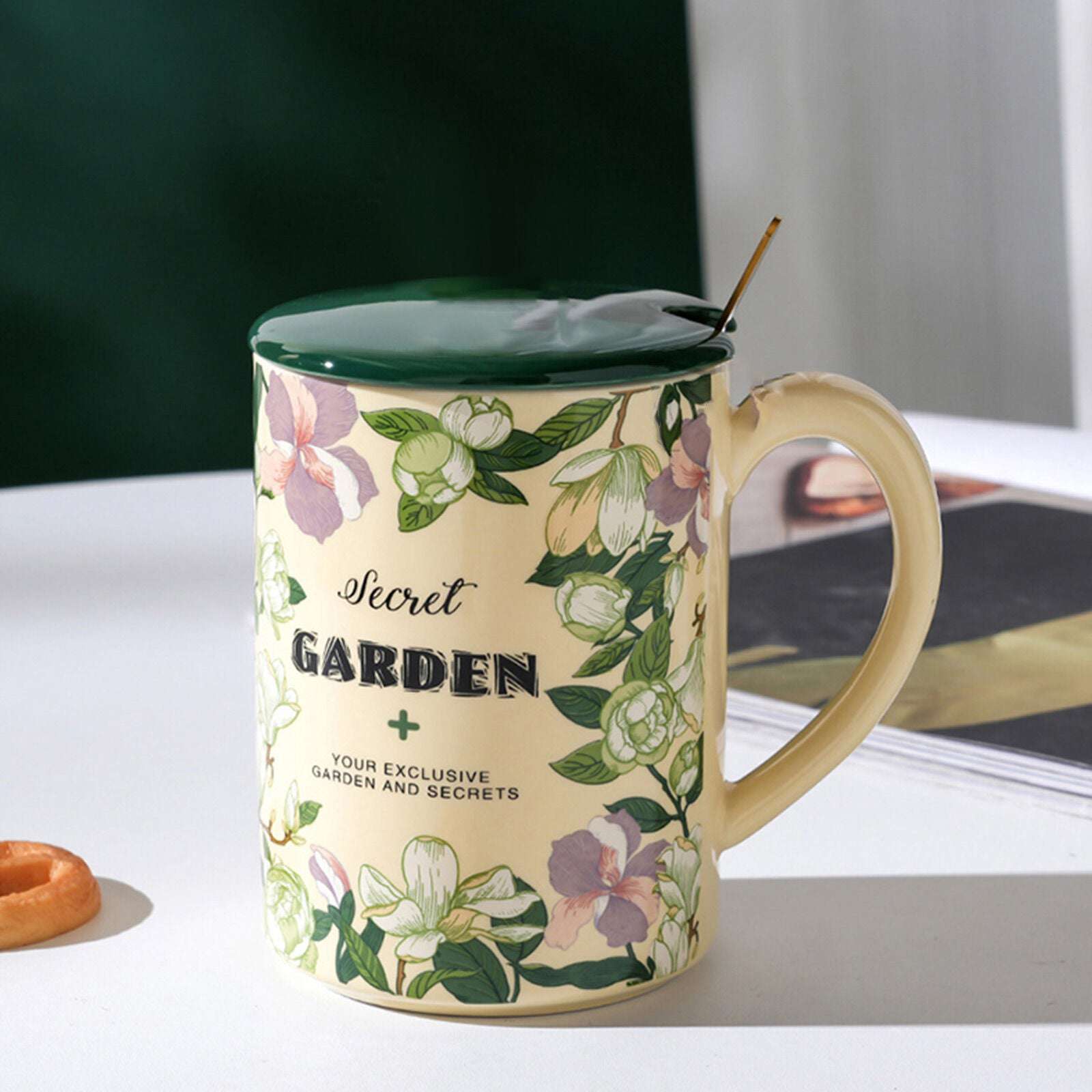 2X High-Fired Ceramic Porcelain Mug Set with Lid 400ml Vintage Floral Tea Spoon GREEN